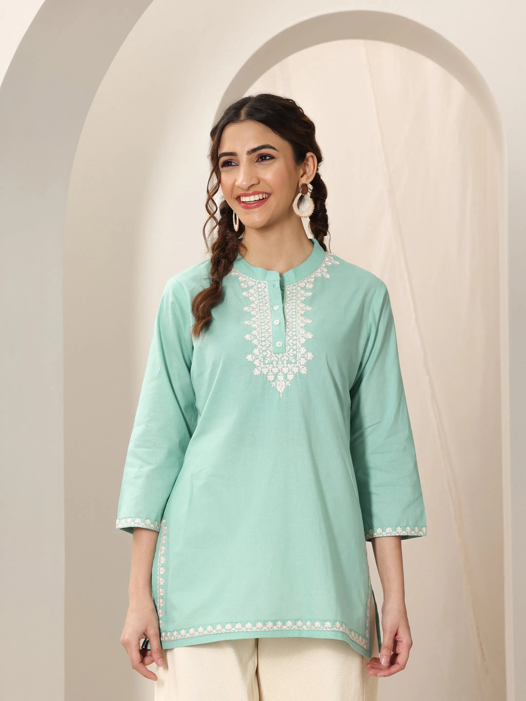  Green Embroidered Cotton Straight Short Kurti 