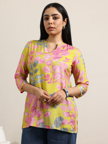 Mustard Printed Silk Blend Straight Tunic