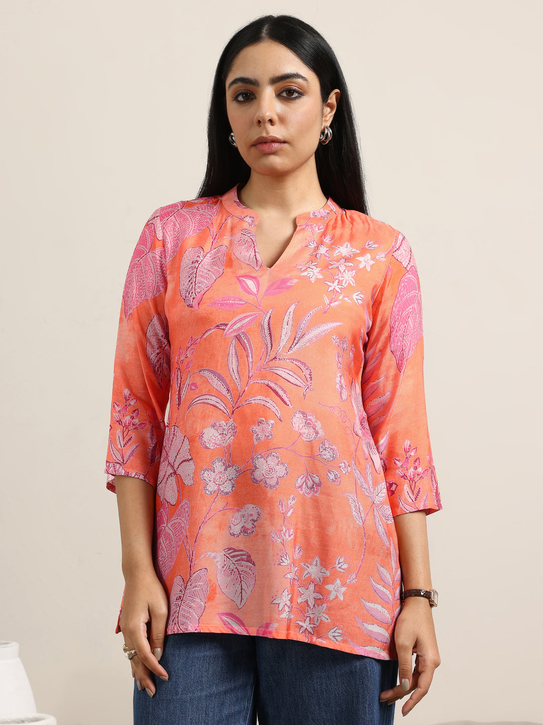  Orange Printed Silk Blend Straight Tunic 