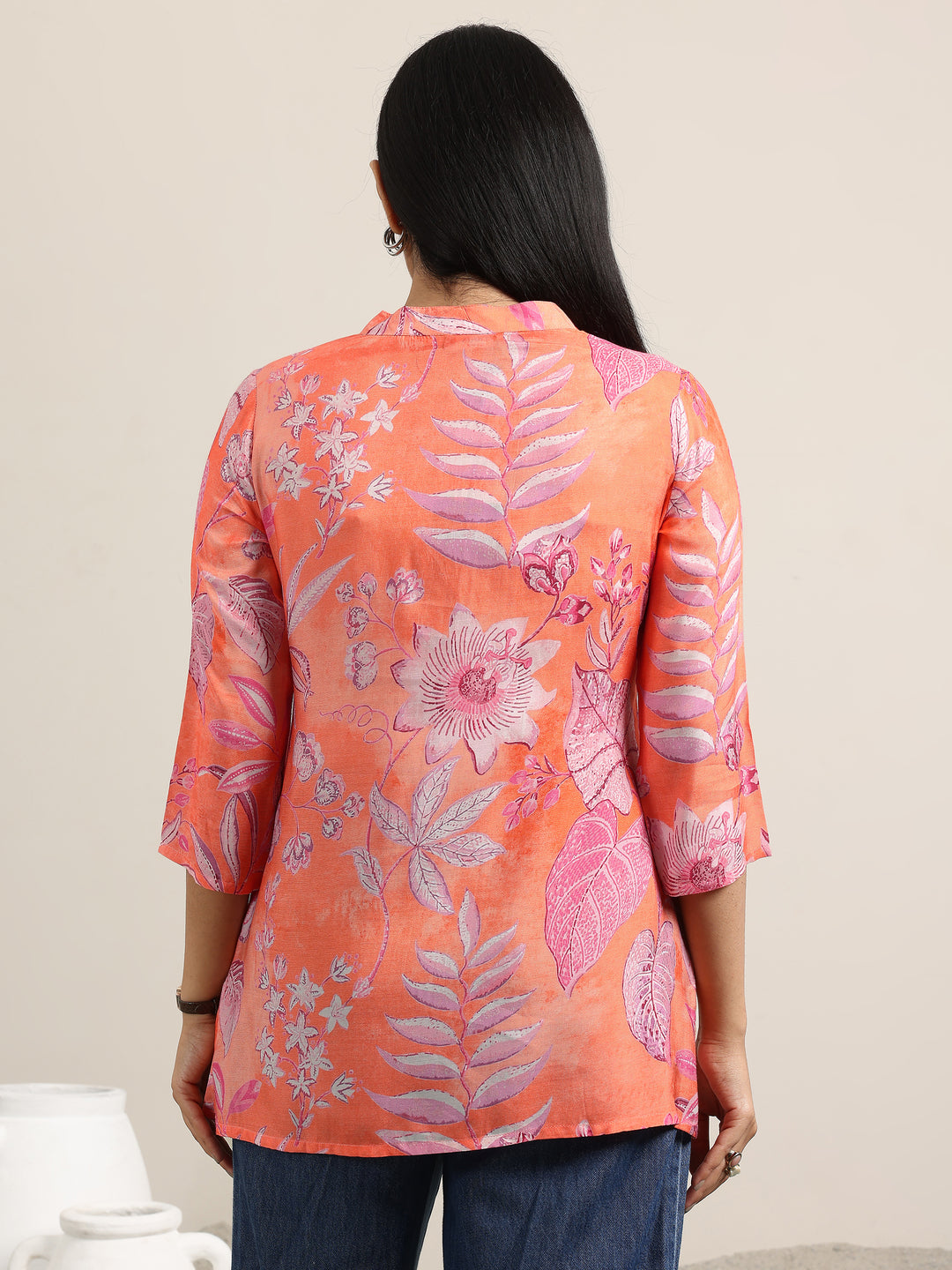  Orange Printed Silk Blend Straight Tunic 