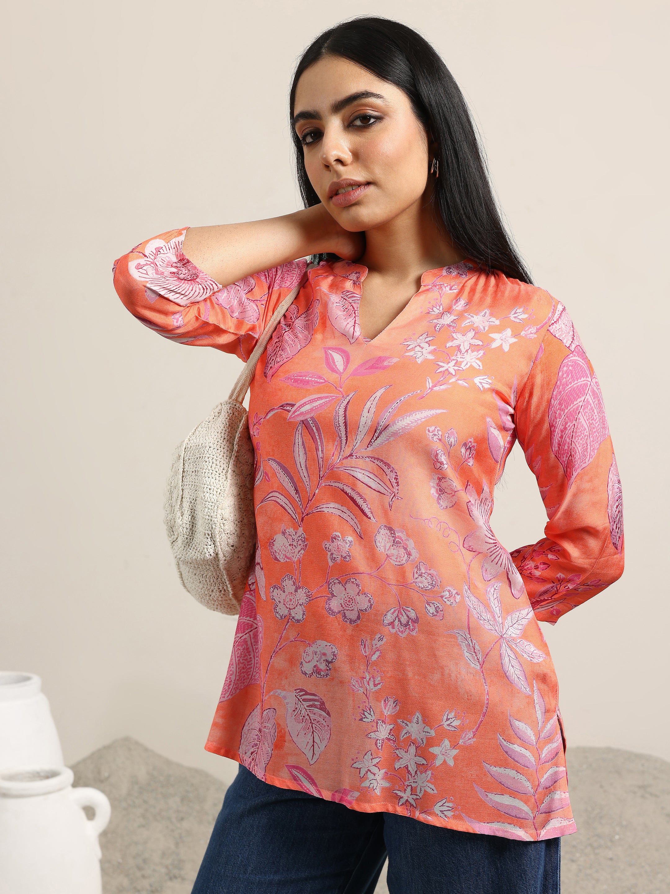 libas Orange Printed Silk Blend Straight Tunic-picture-18
