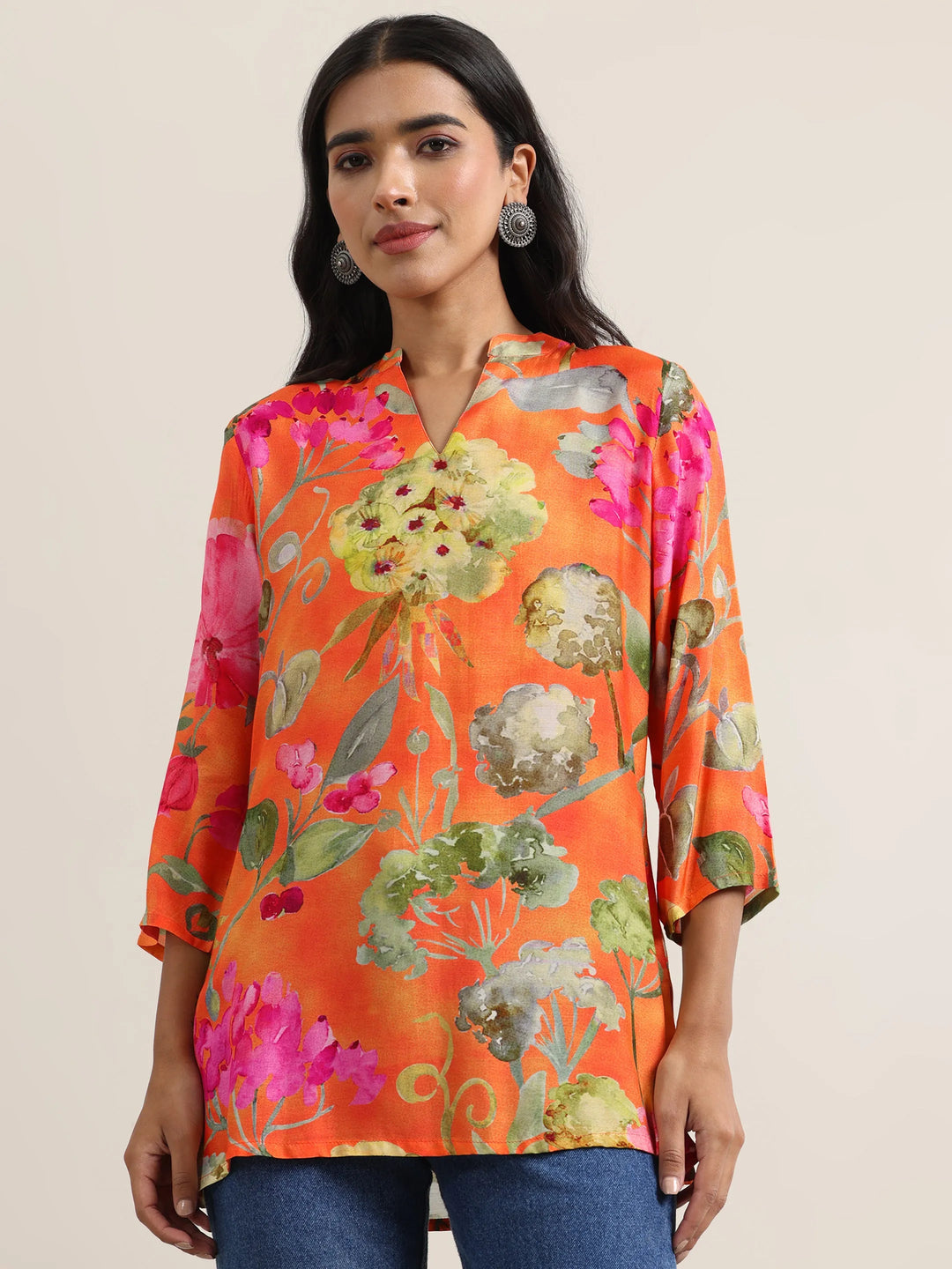  Orange Printed Silk Blend Tunic 