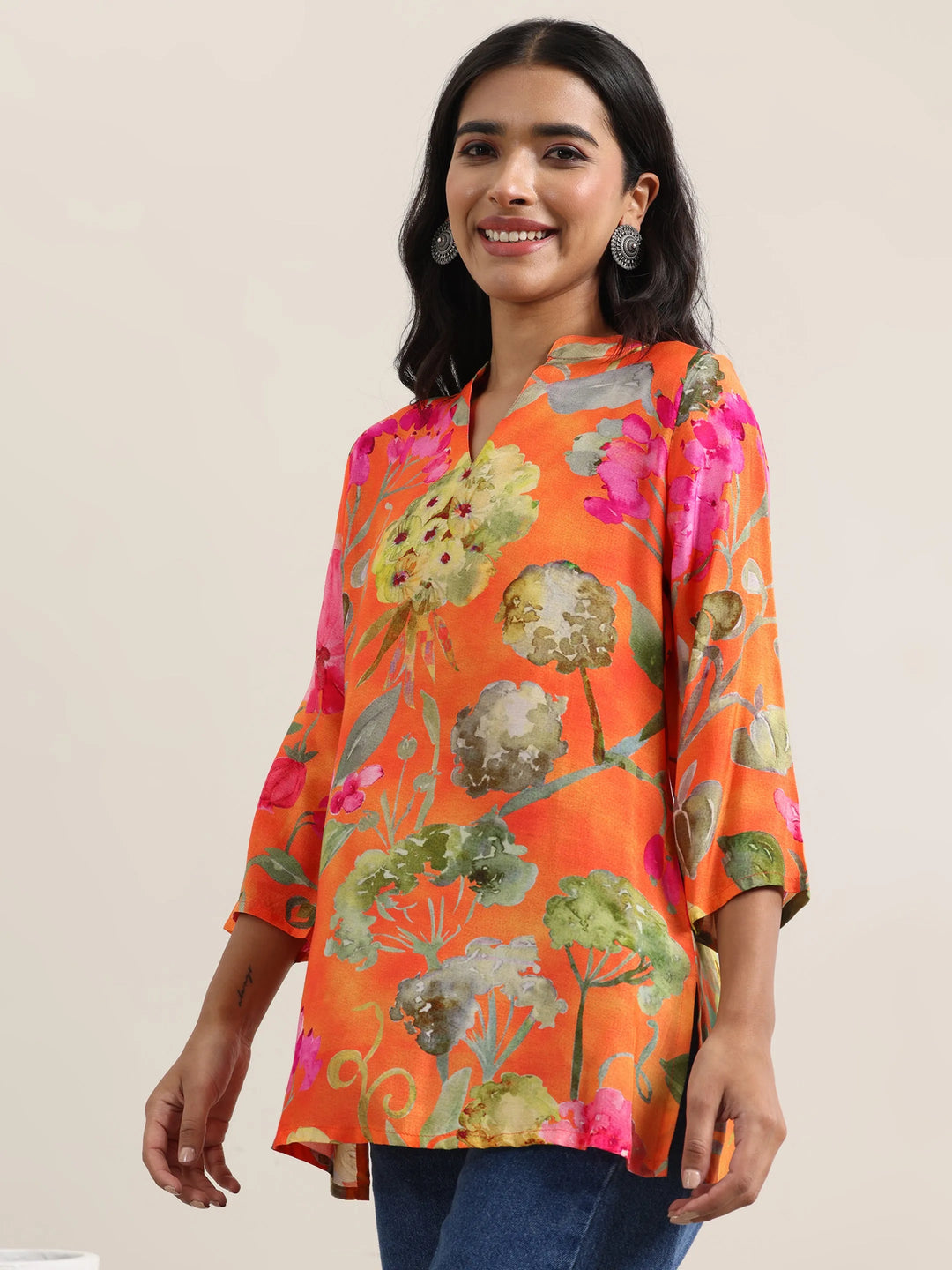  Orange Printed Silk Blend Tunic 