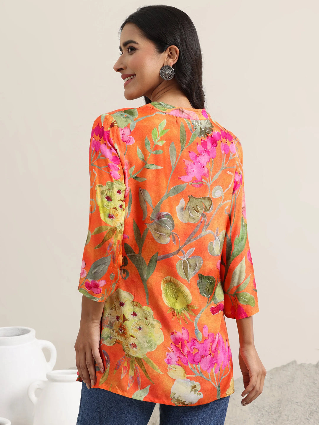  Orange Printed Silk Blend Tunic 