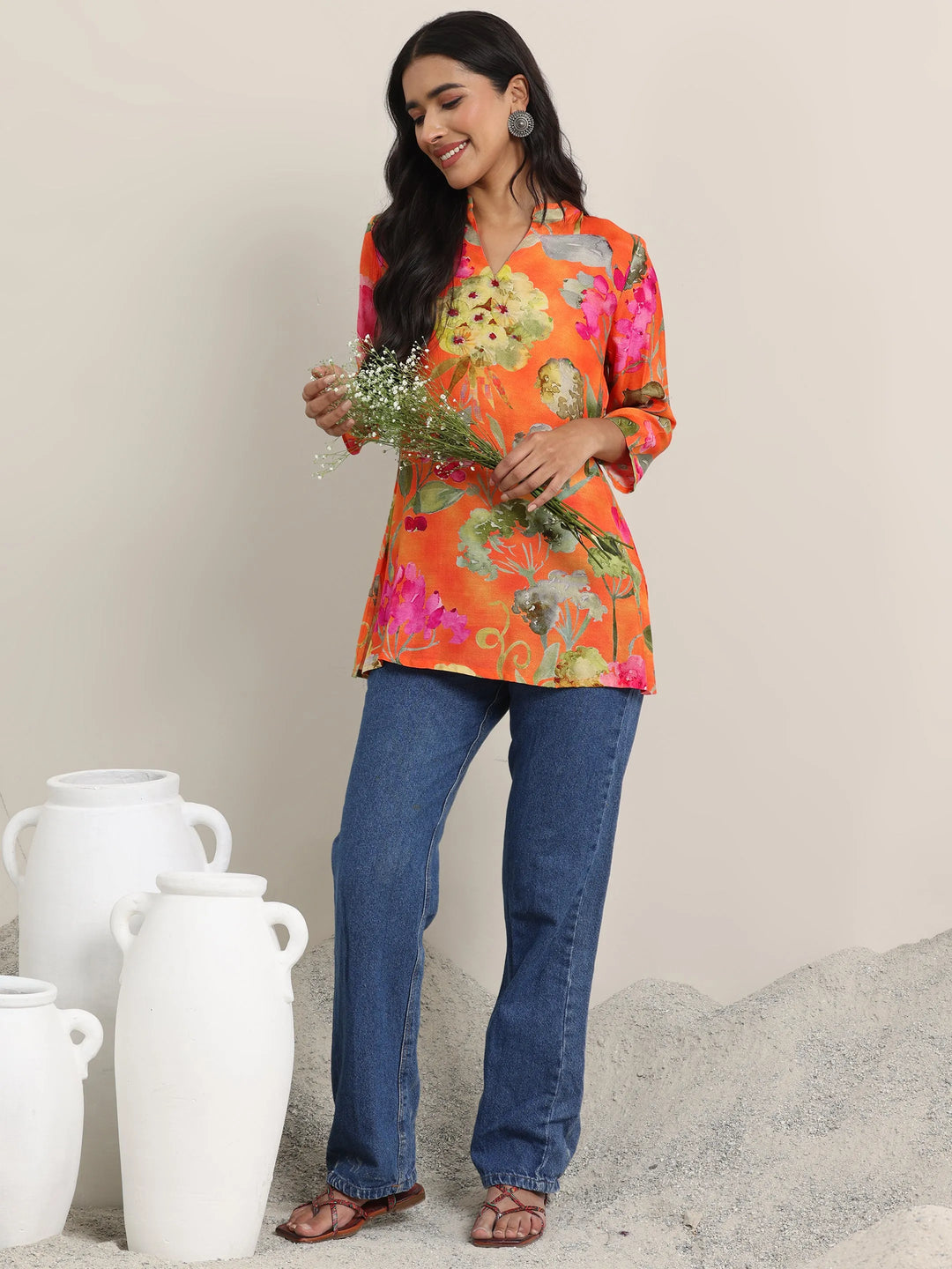  Orange Printed Silk Blend Tunic 