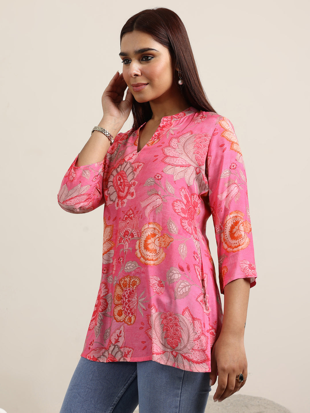  Pink Printed Silk Blend Straight Tunic 