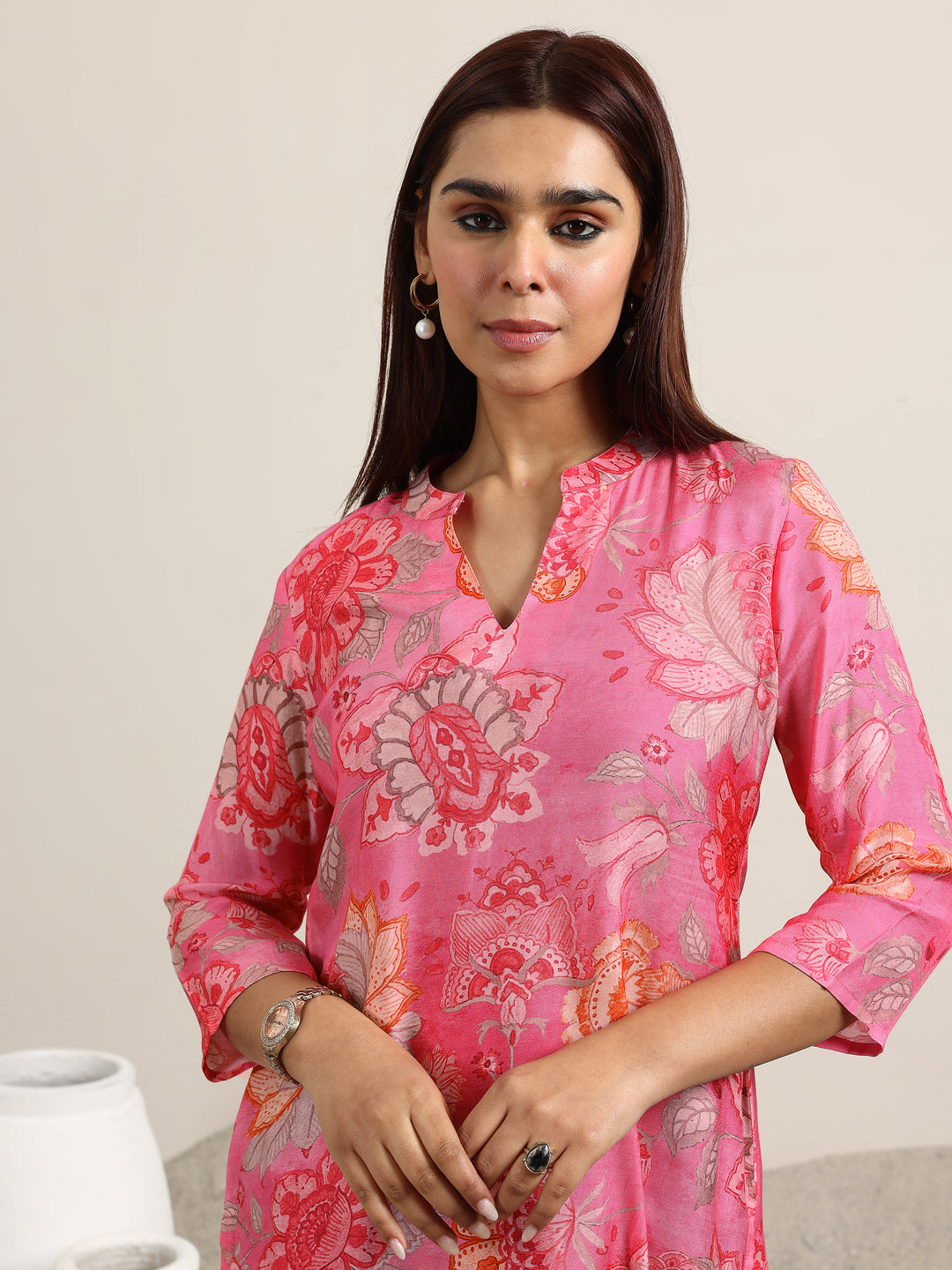  Pink Printed Silk Blend Straight Tunic 