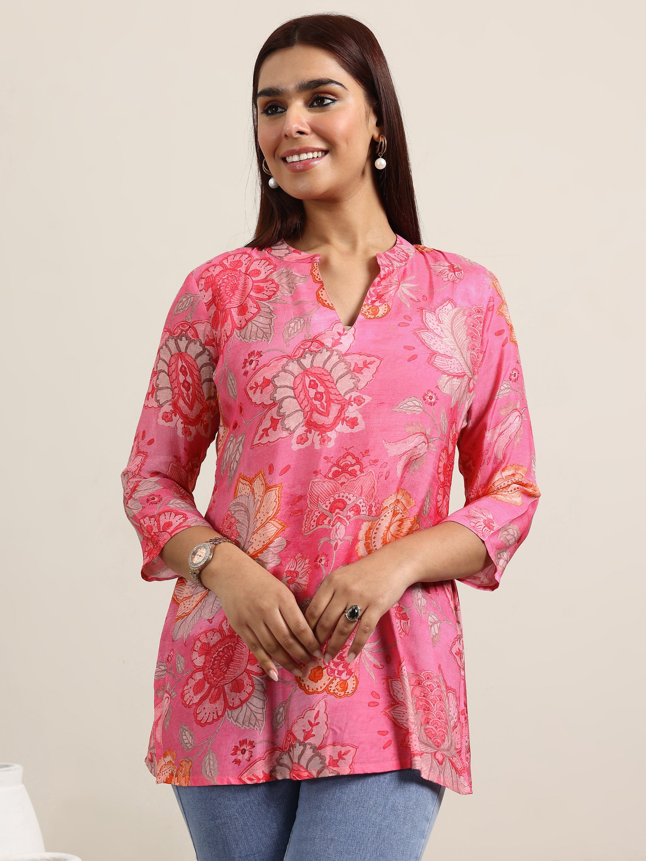libas Pink Printed Silk Blend Straight Tunic-picture-17