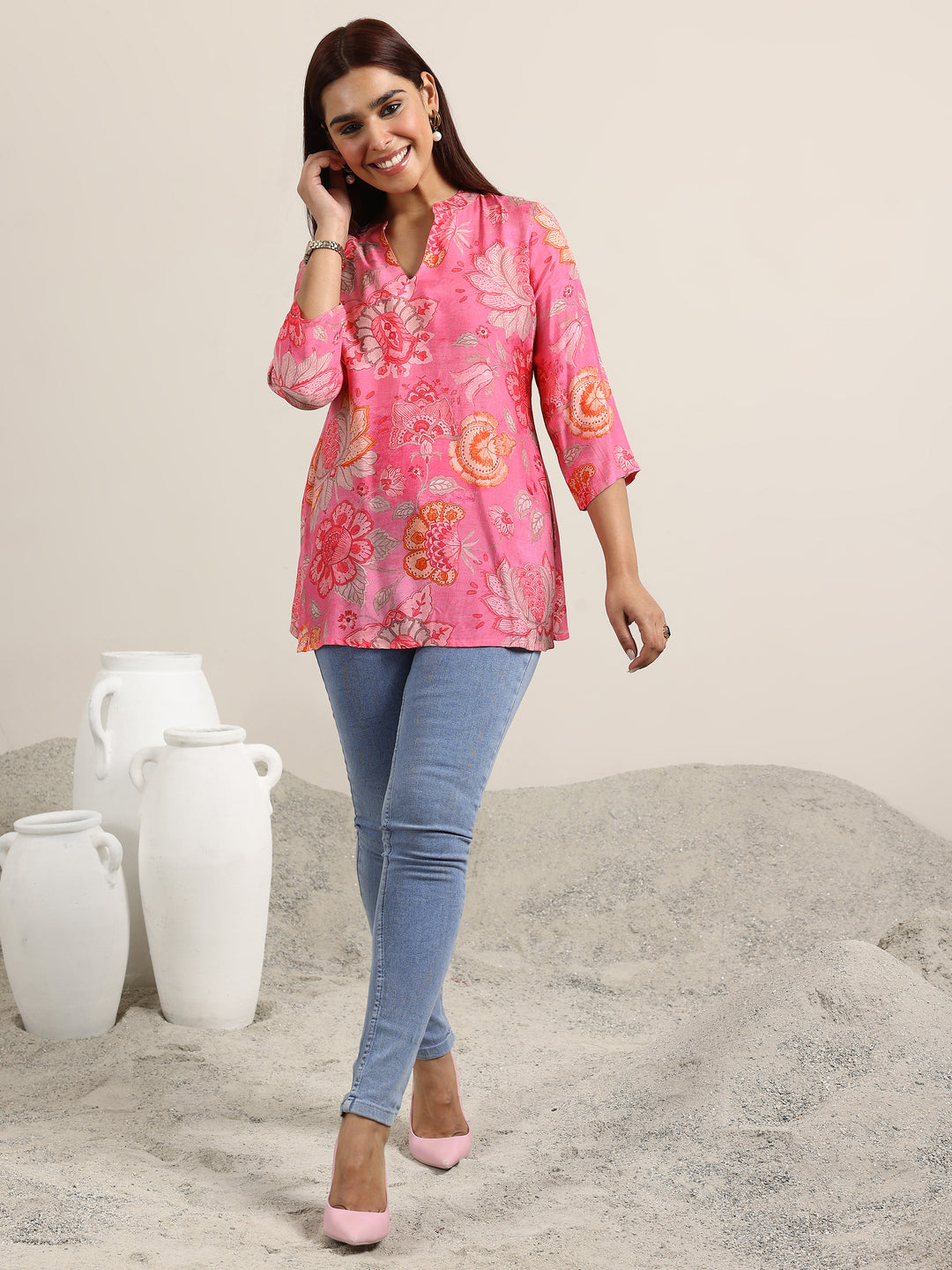  Pink Printed Silk Blend Straight Tunic 