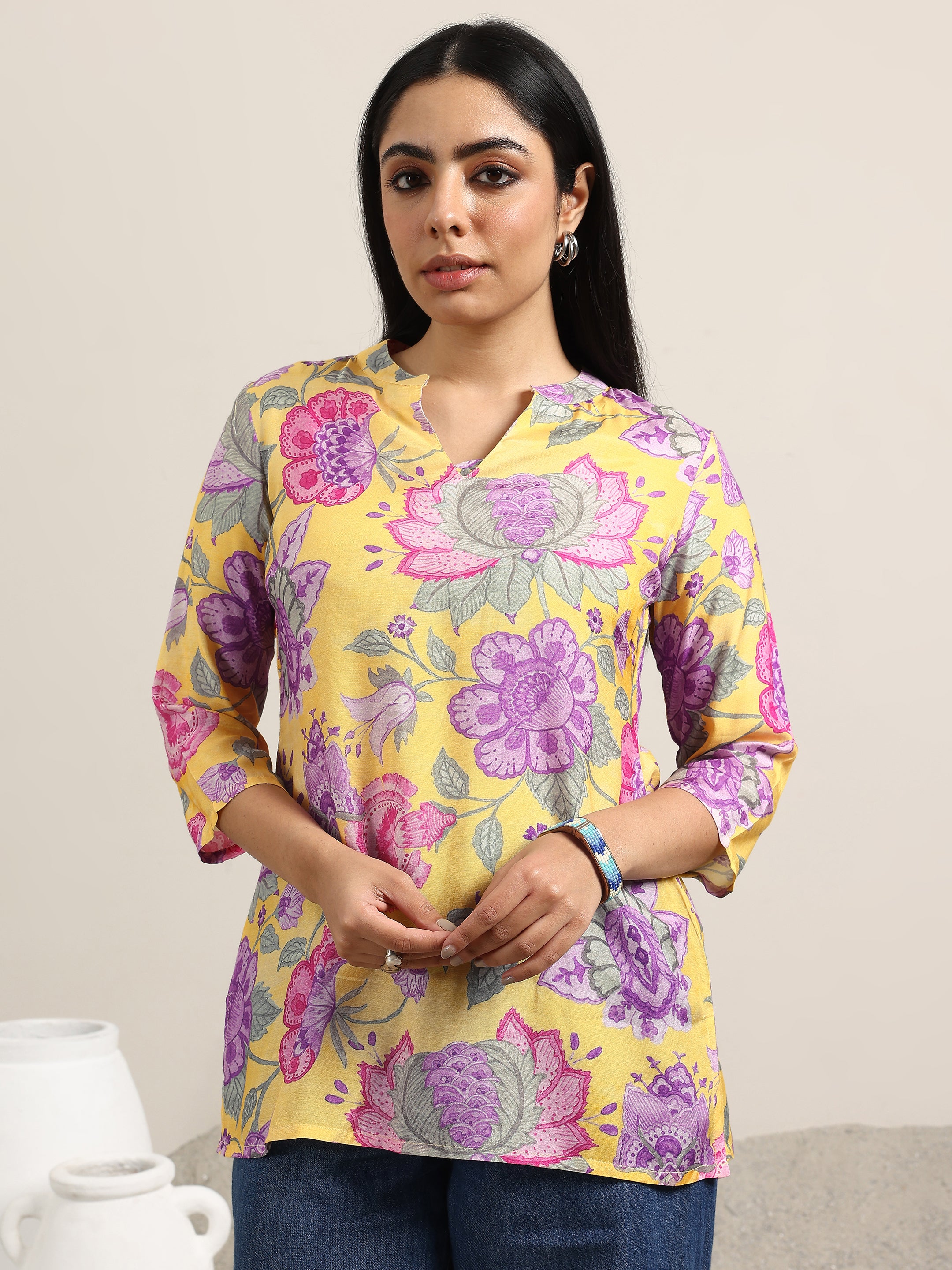 libas Yellow Printed Silk Blend Straight Tunic-picture-26