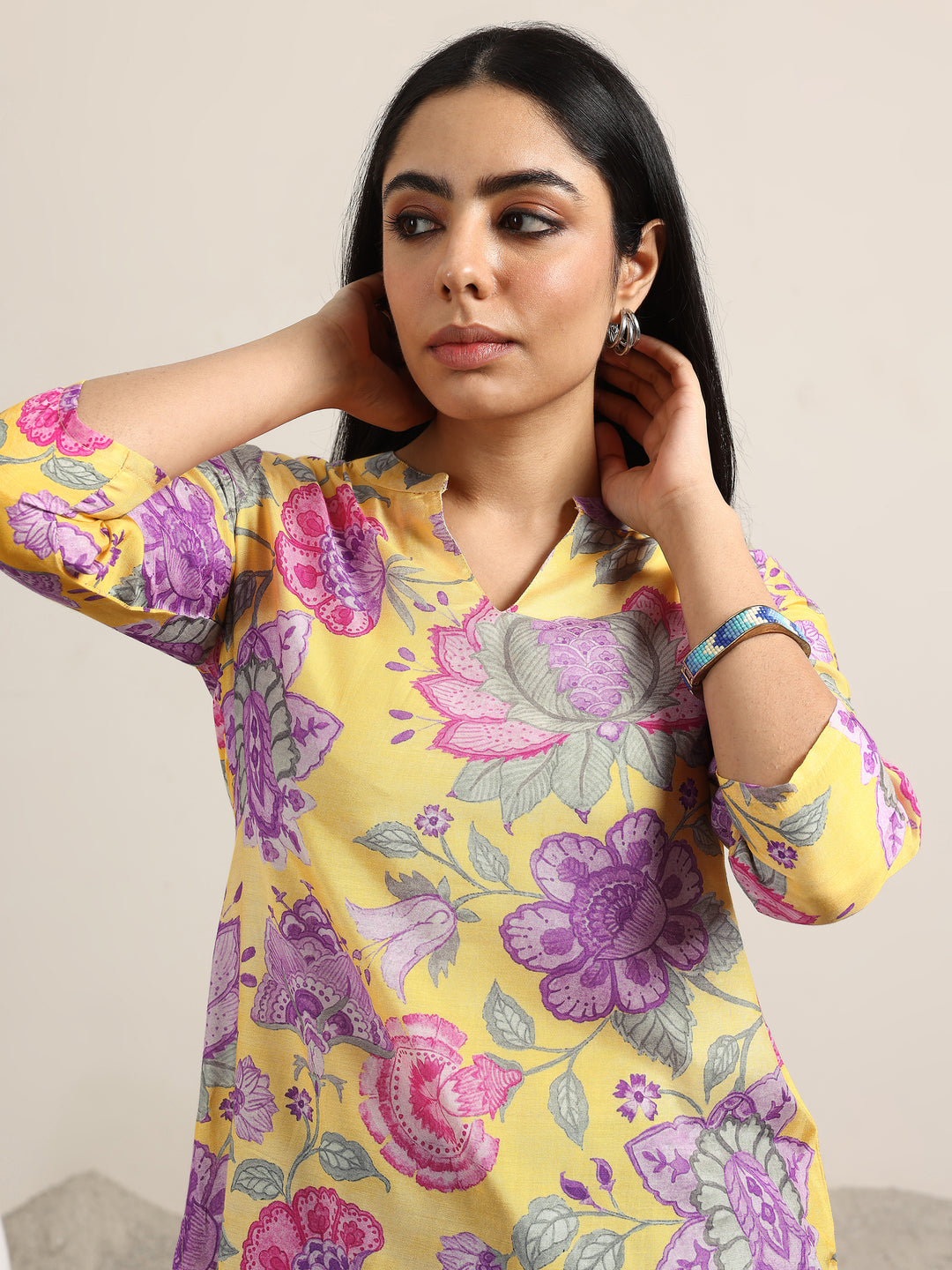  Yellow Printed Silk Blend Straight Tunic 