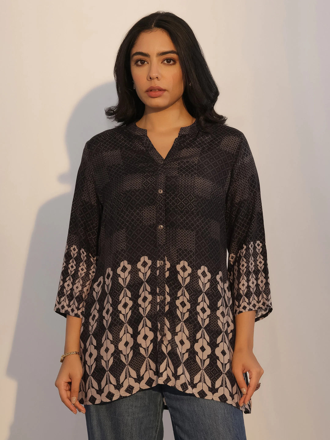  Black Printed Silk Blend Tunic 
