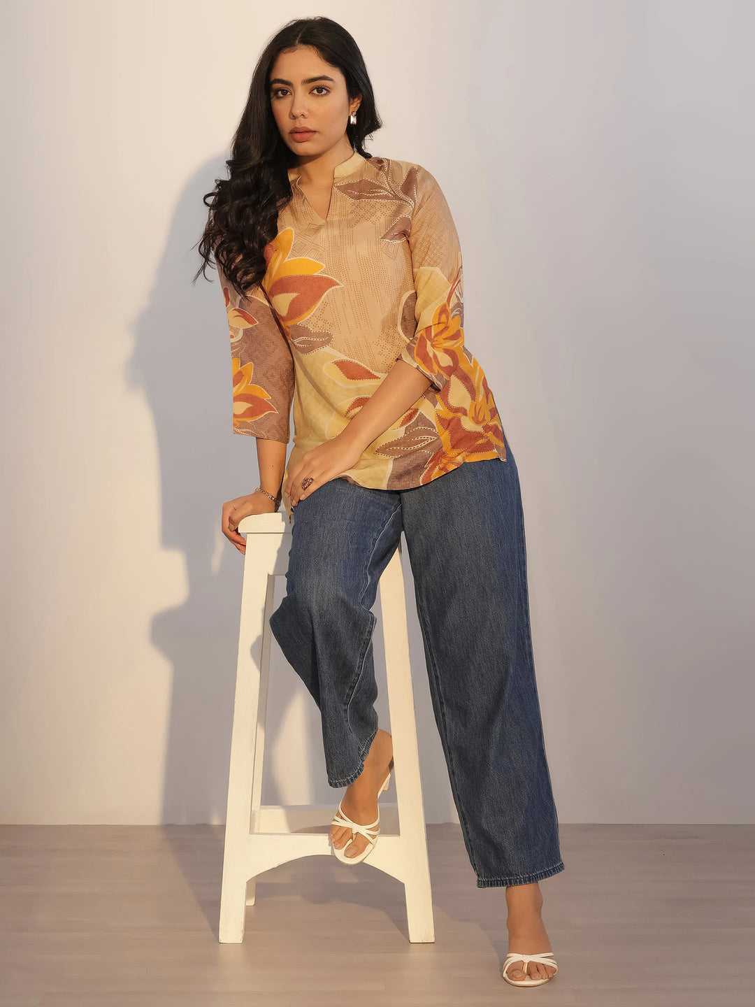 Beige Printed Silk Blend Tunic
