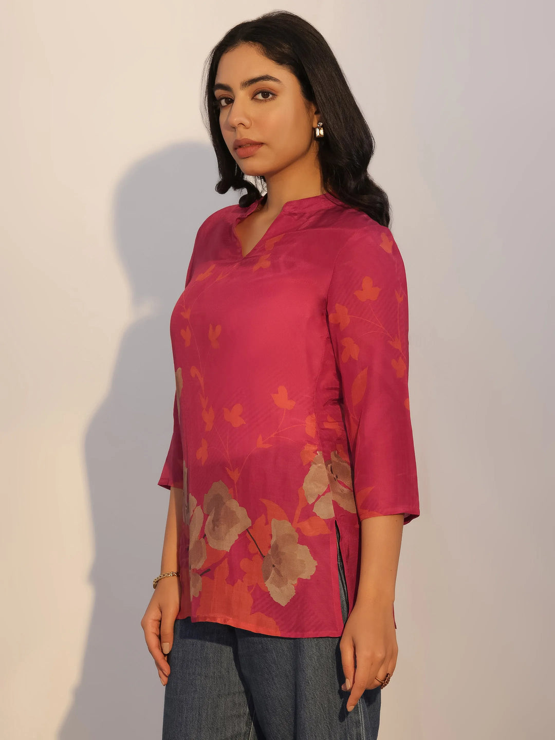  Red Printed Silk Blend Tunic 