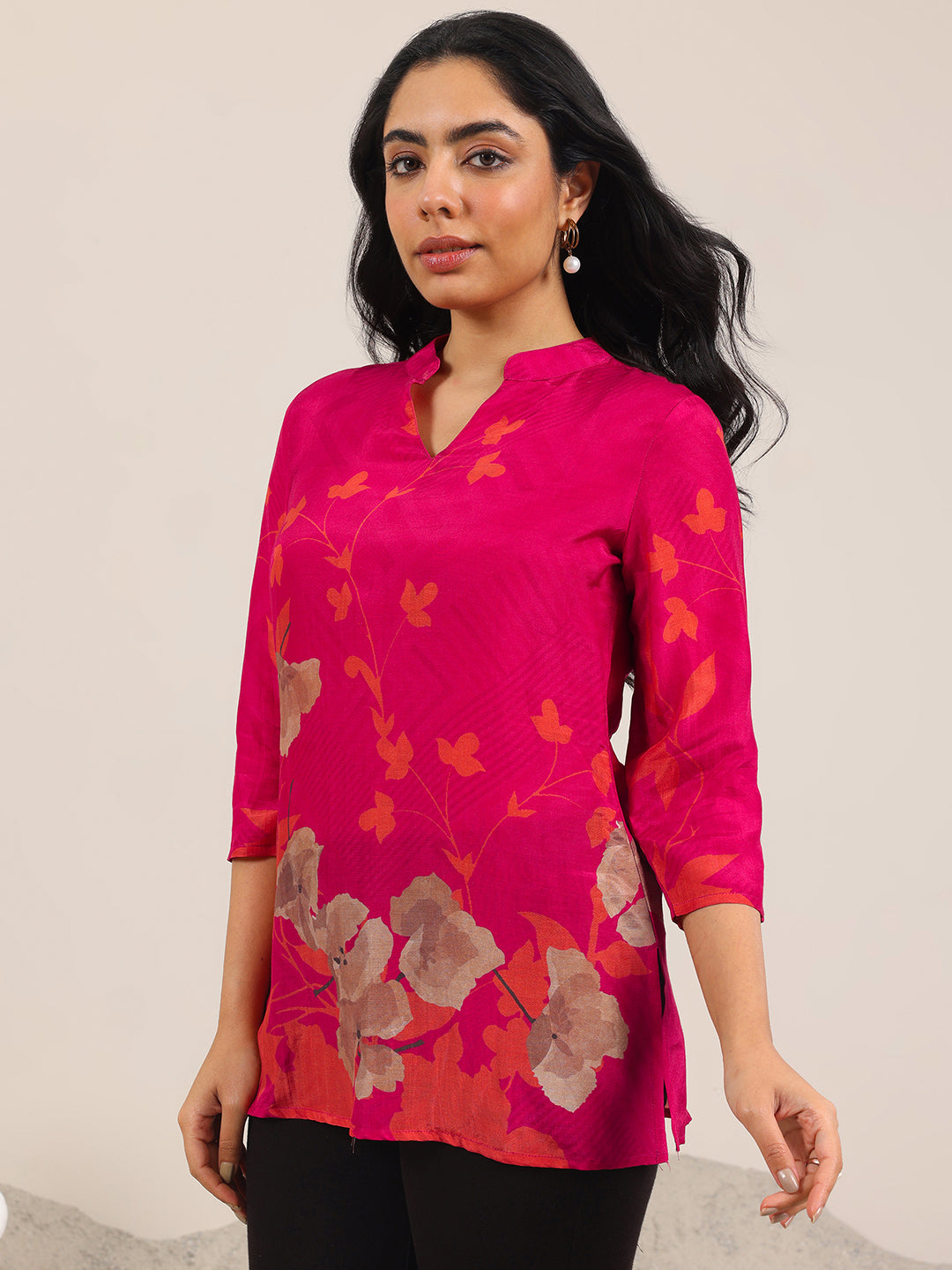  Red Printed Silk Blend Straight Tunic 
