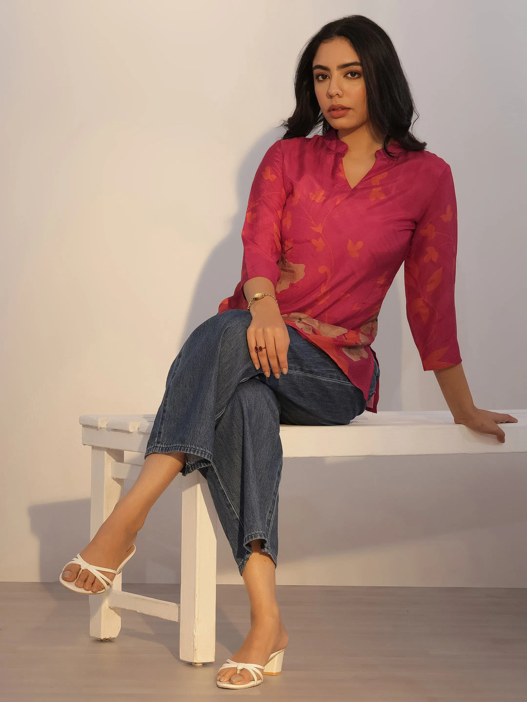  Red Printed Silk Blend Tunic 