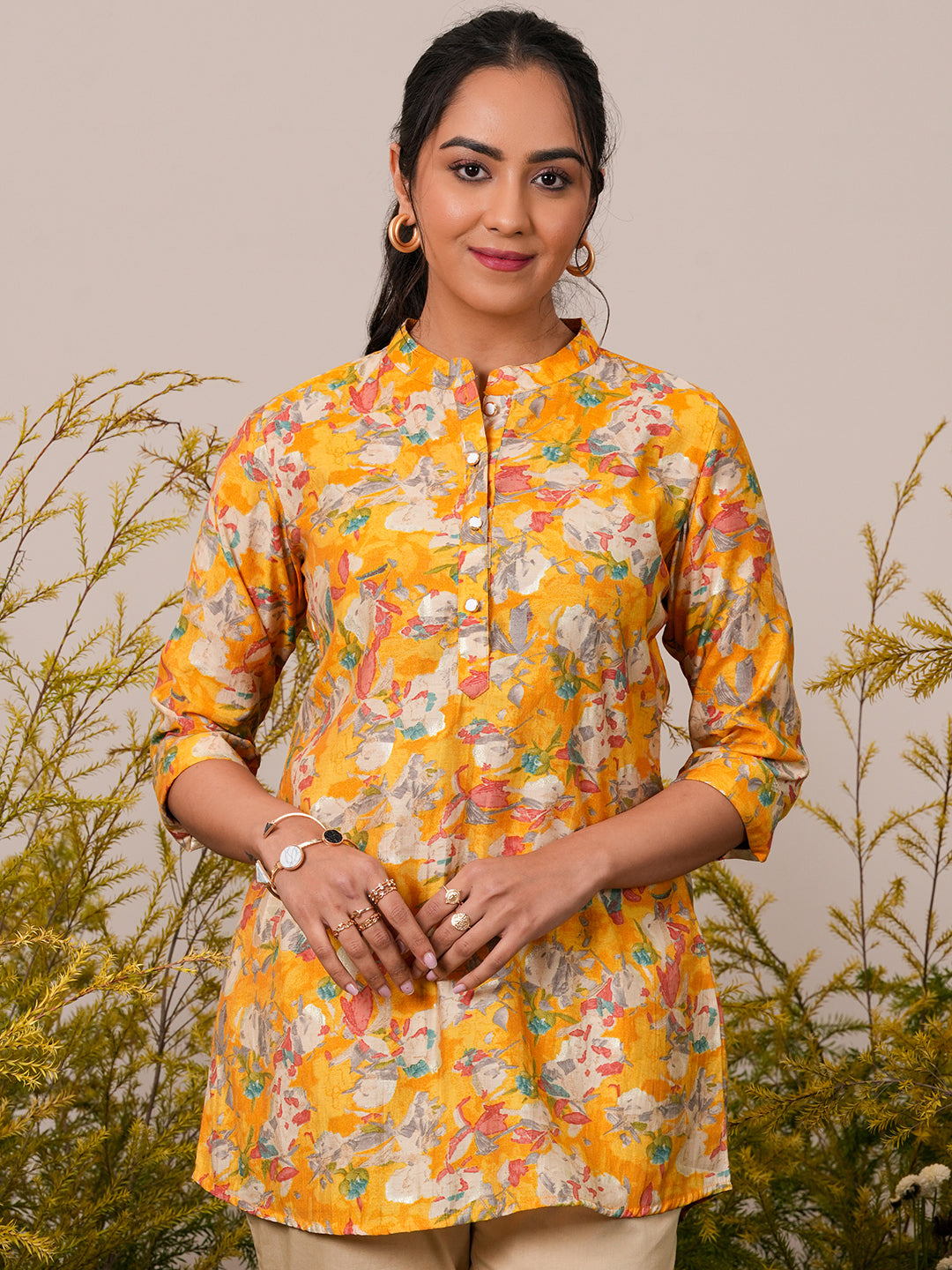 libas Yellow Printed Silk Blend A-Line Kurti-picture-20