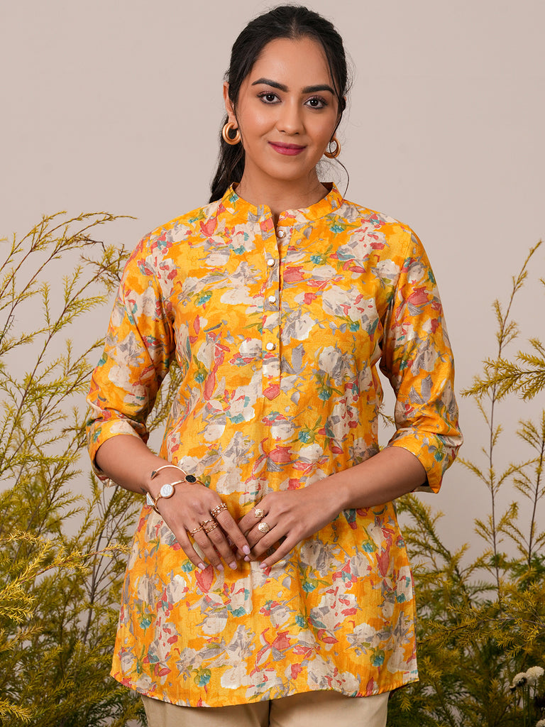 Libas Yellow Printed Silk Blend A-Line Kurti
