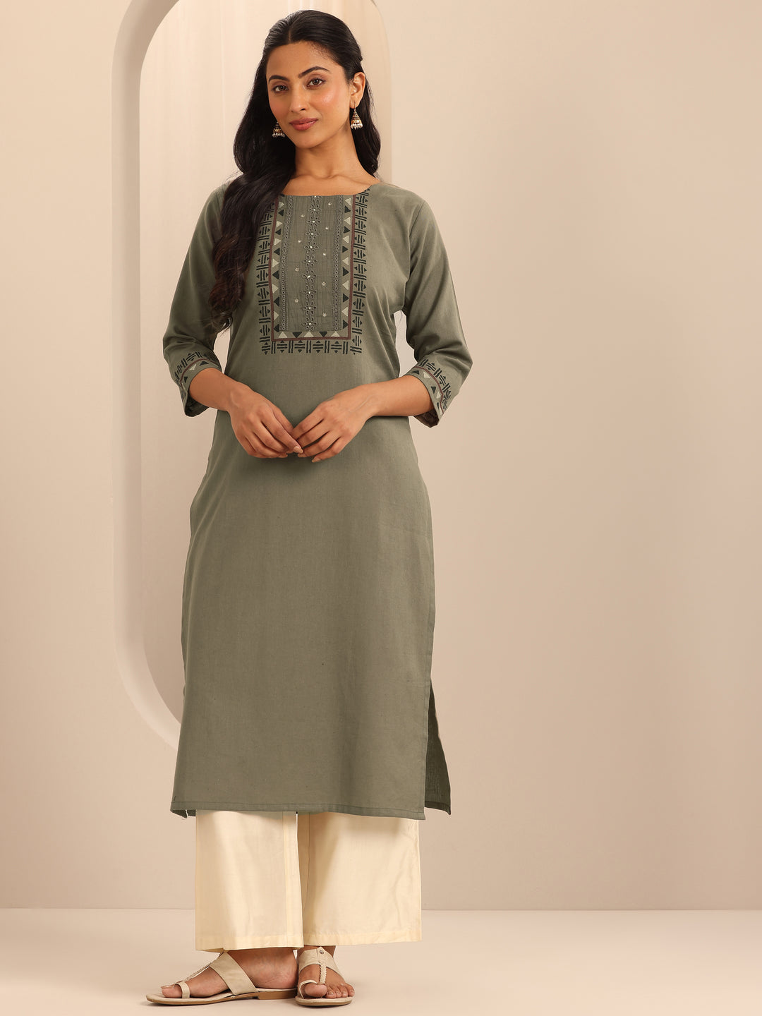  Taupe Printed Cotton Blend Straight Kurta 