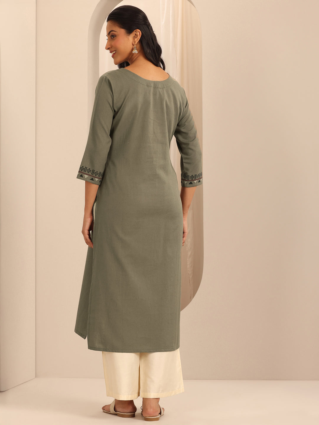  Taupe Printed Cotton Blend Straight Kurta 