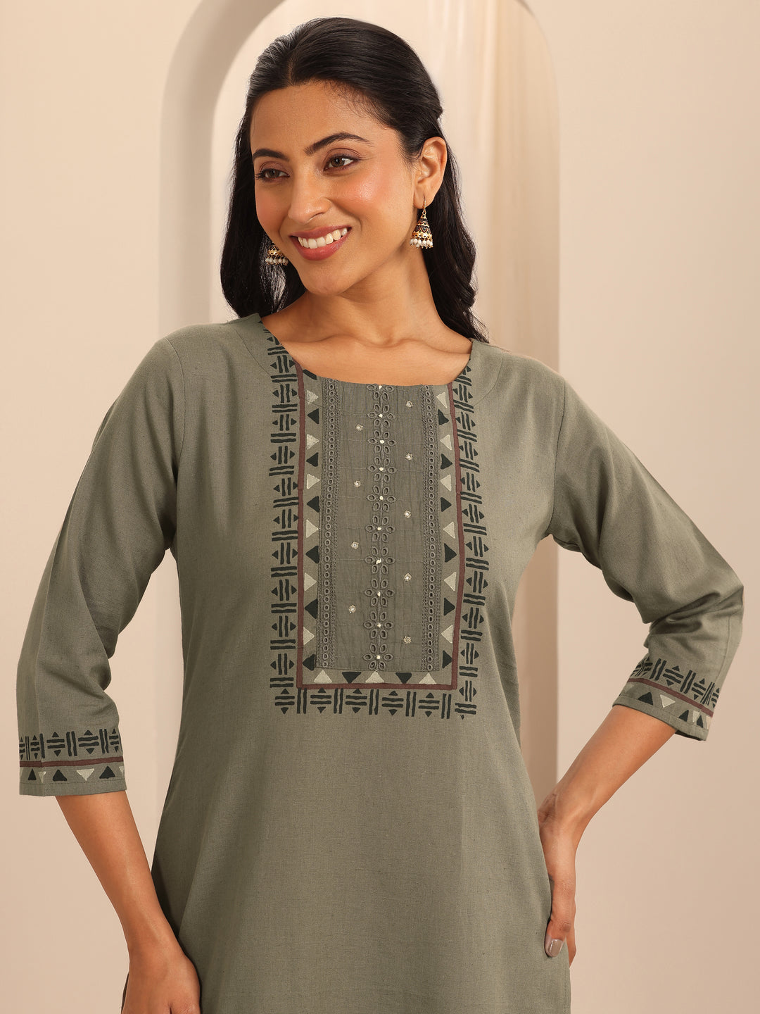  Taupe Printed Cotton Blend Straight Kurta 