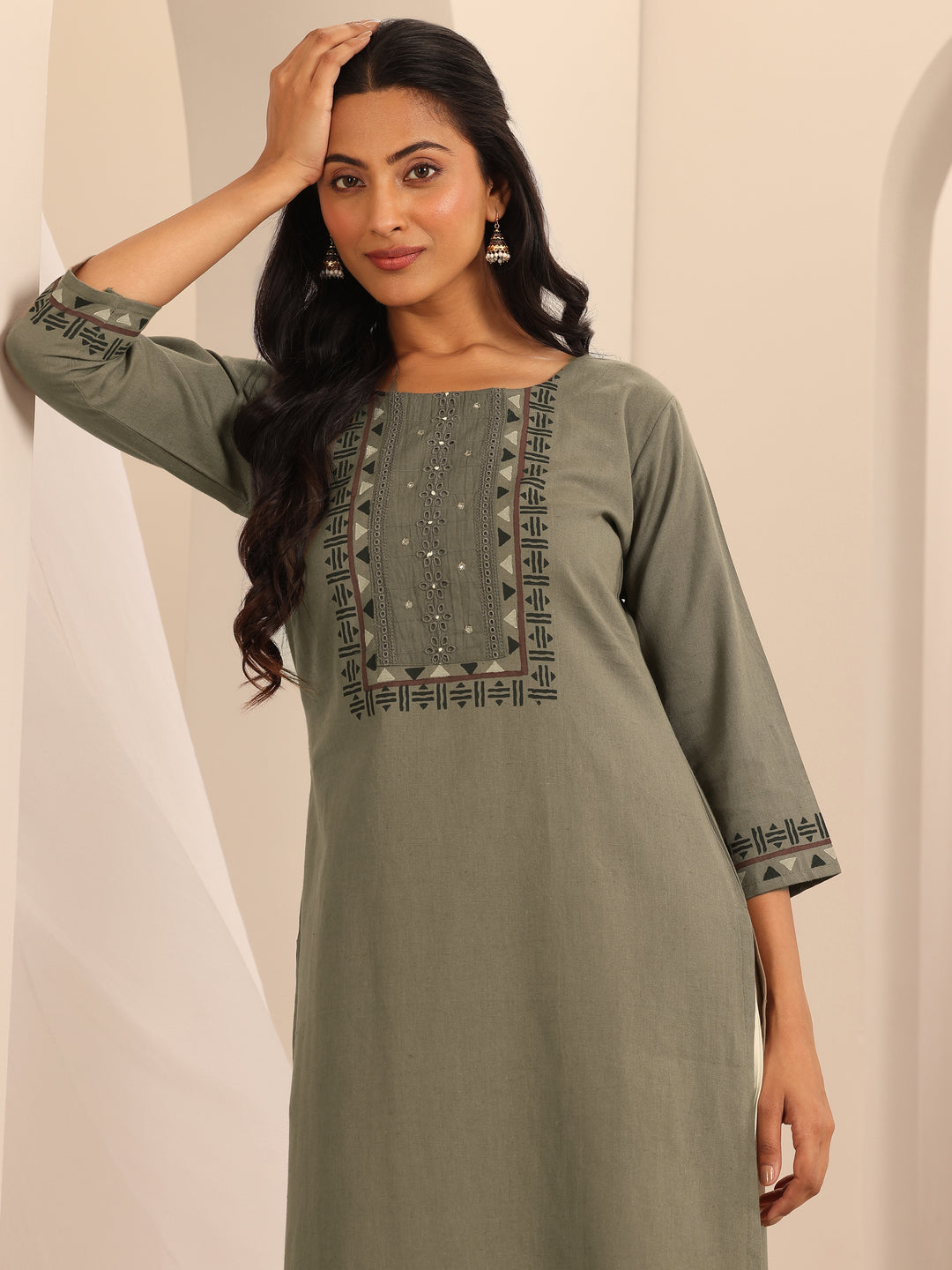  Taupe Printed Cotton Blend Straight Kurta 