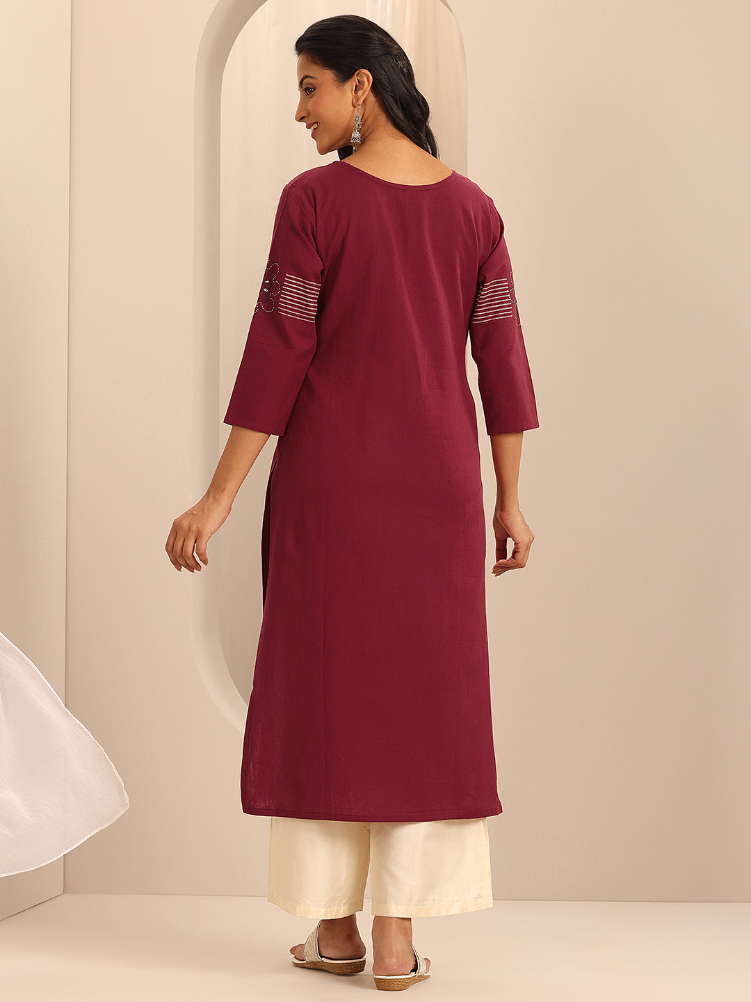  Red Printed Cotton Blend Straight Kurta 