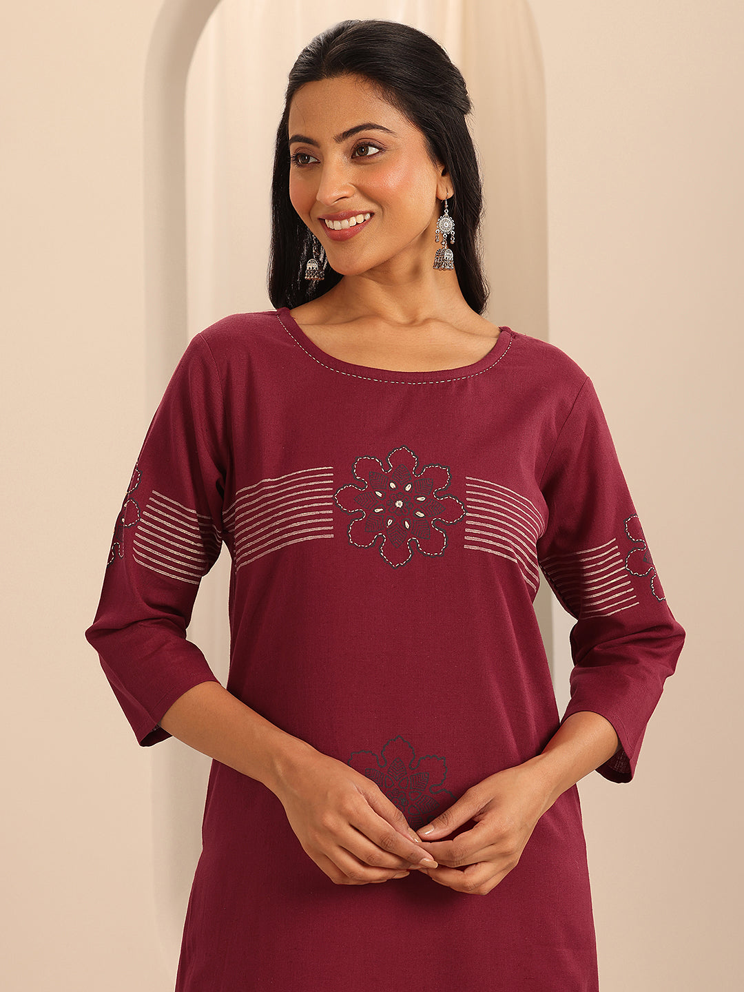  Red Printed Cotton Blend Straight Kurta 