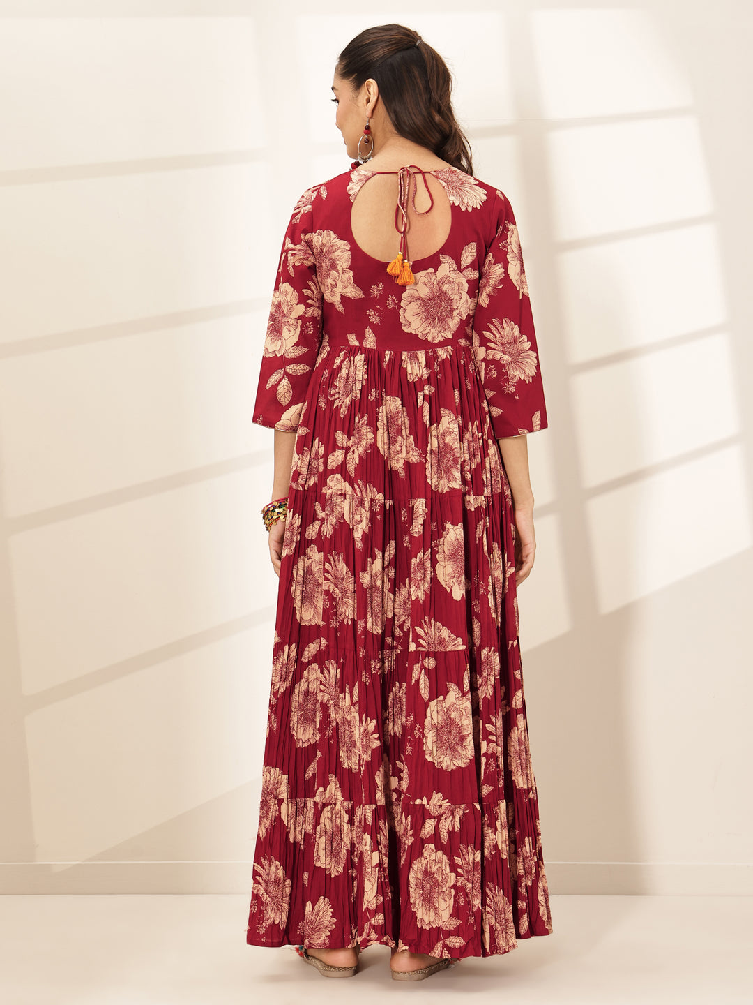  Maroon Printed Cotton Blend Fit and Flared One Piece Dress 