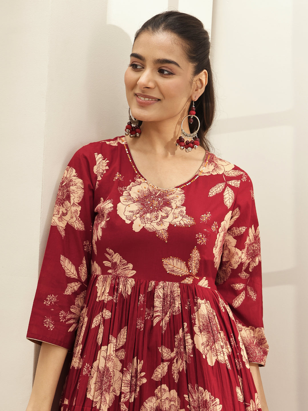  Maroon Printed Cotton Blend Fit and Flared One Piece Dress 