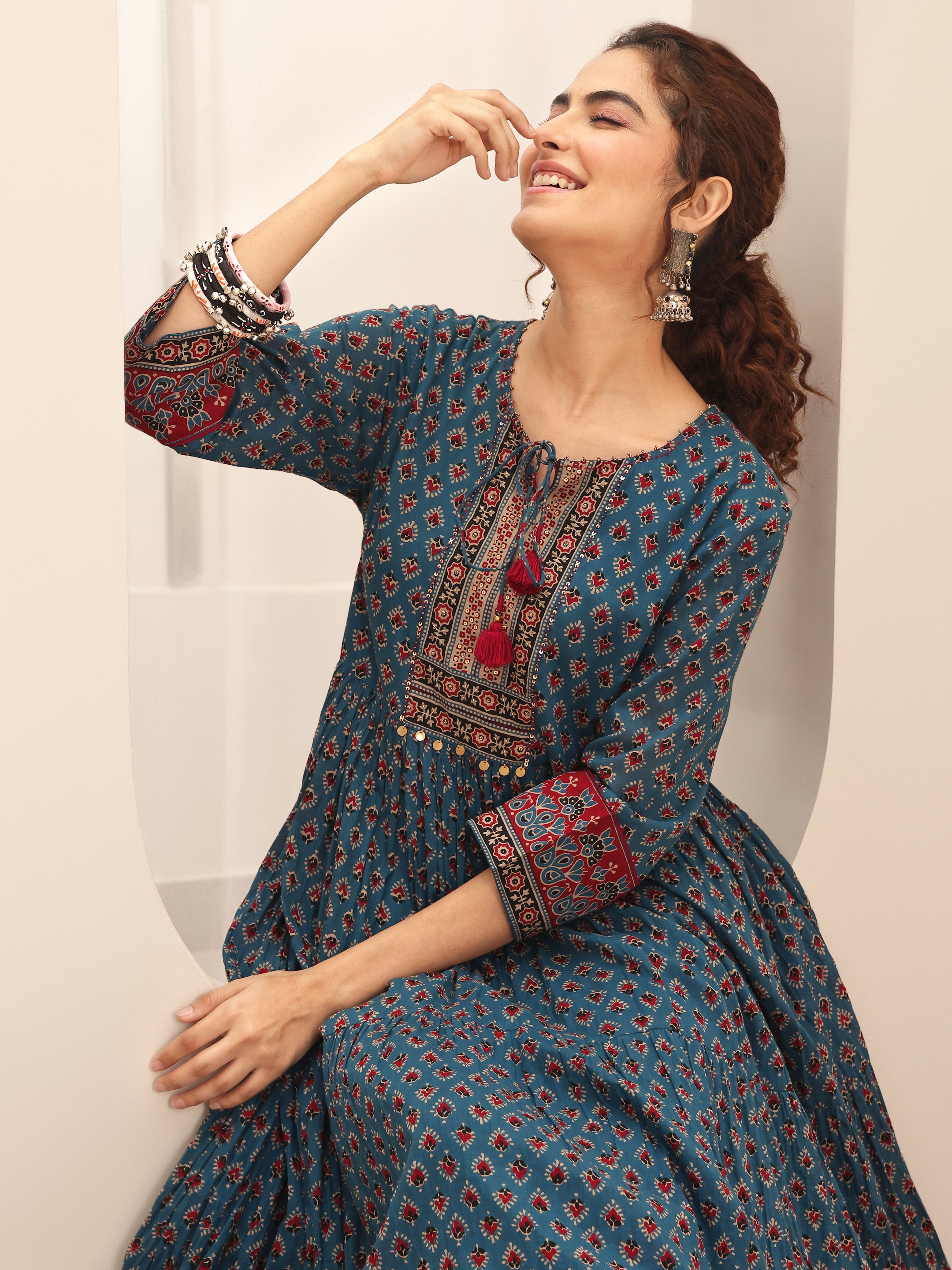 libas Blue Printed Cotton Blend Fit and Flared One Piece Dress-picture-16