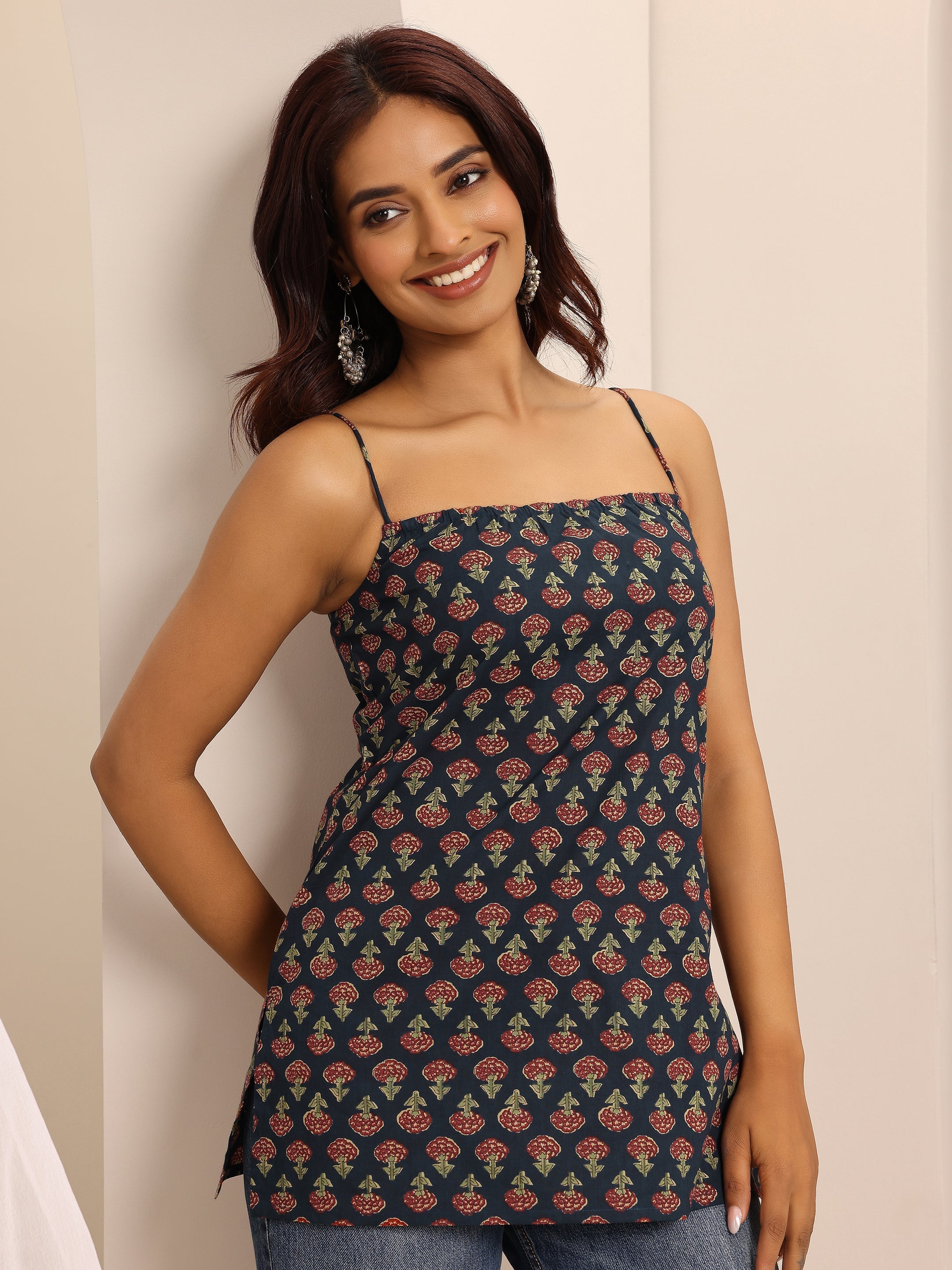 Navy Blue Printed Cotton Blend Straight Short Kurti-image-11