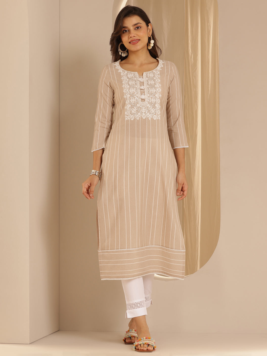  Beige Embroidered Cotton Blend Straight Kurta 
