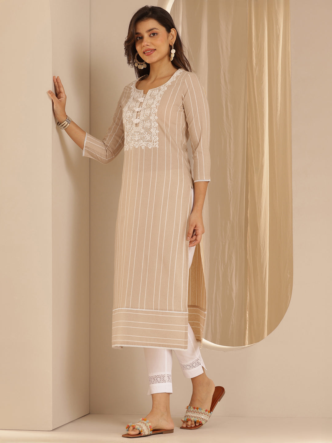  Beige Embroidered Cotton Blend Straight Kurta 