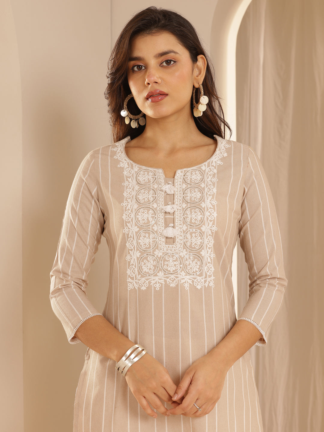  Beige Embroidered Cotton Blend Straight Kurta 