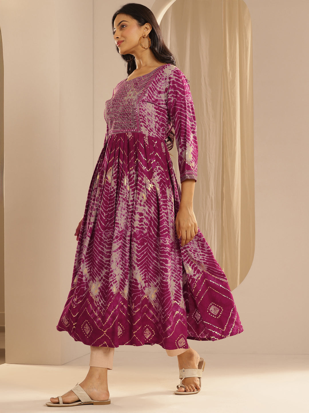  Pink Printed Rayon A-Line Kurta 