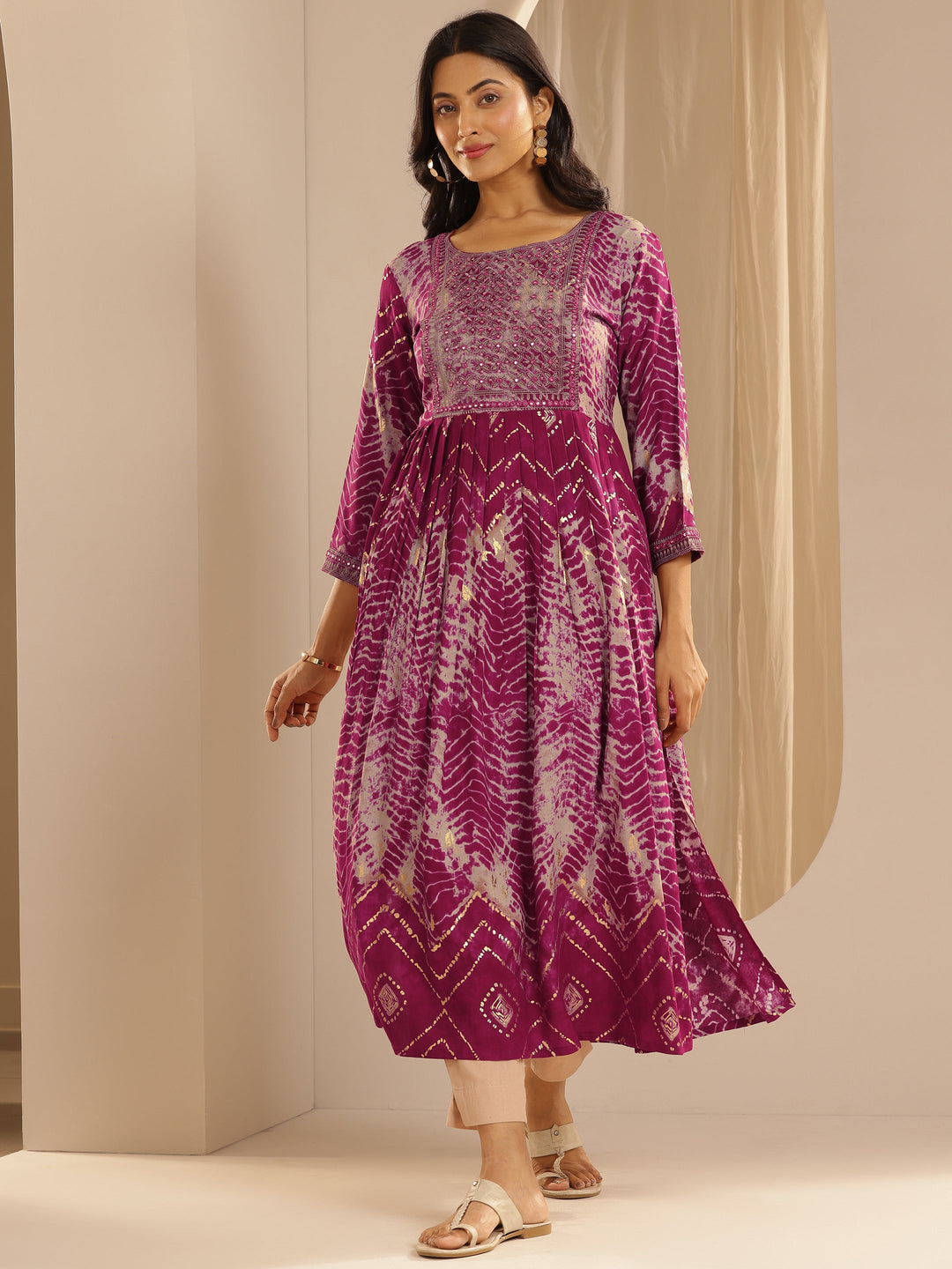  Pink Printed Rayon A-Line Kurta 