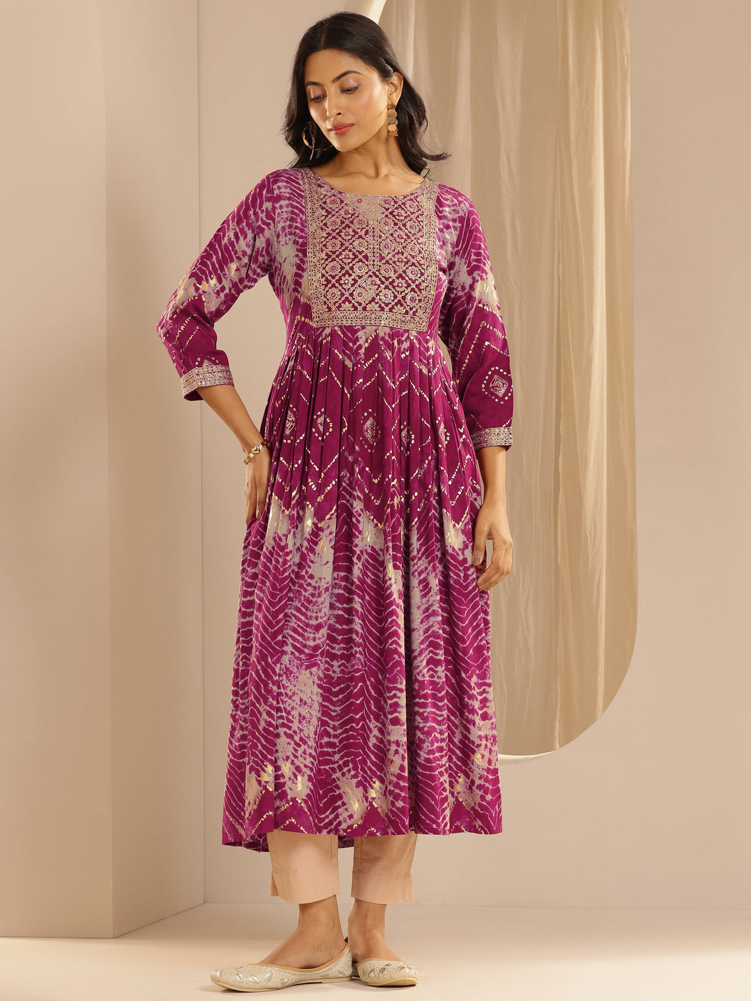  Pink Printed Rayon A-Line Kurta 