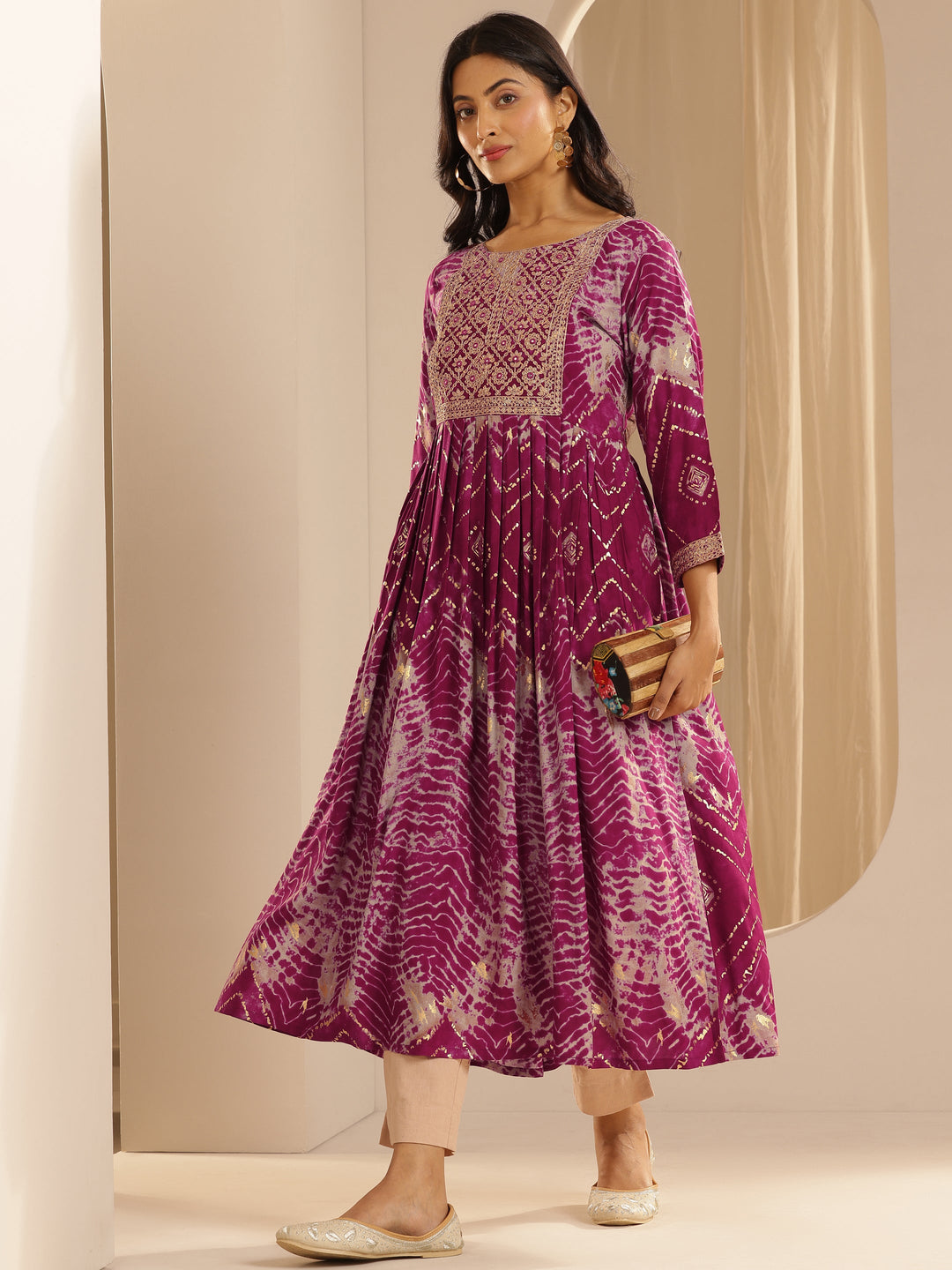  Pink Printed Rayon A-Line Kurta 