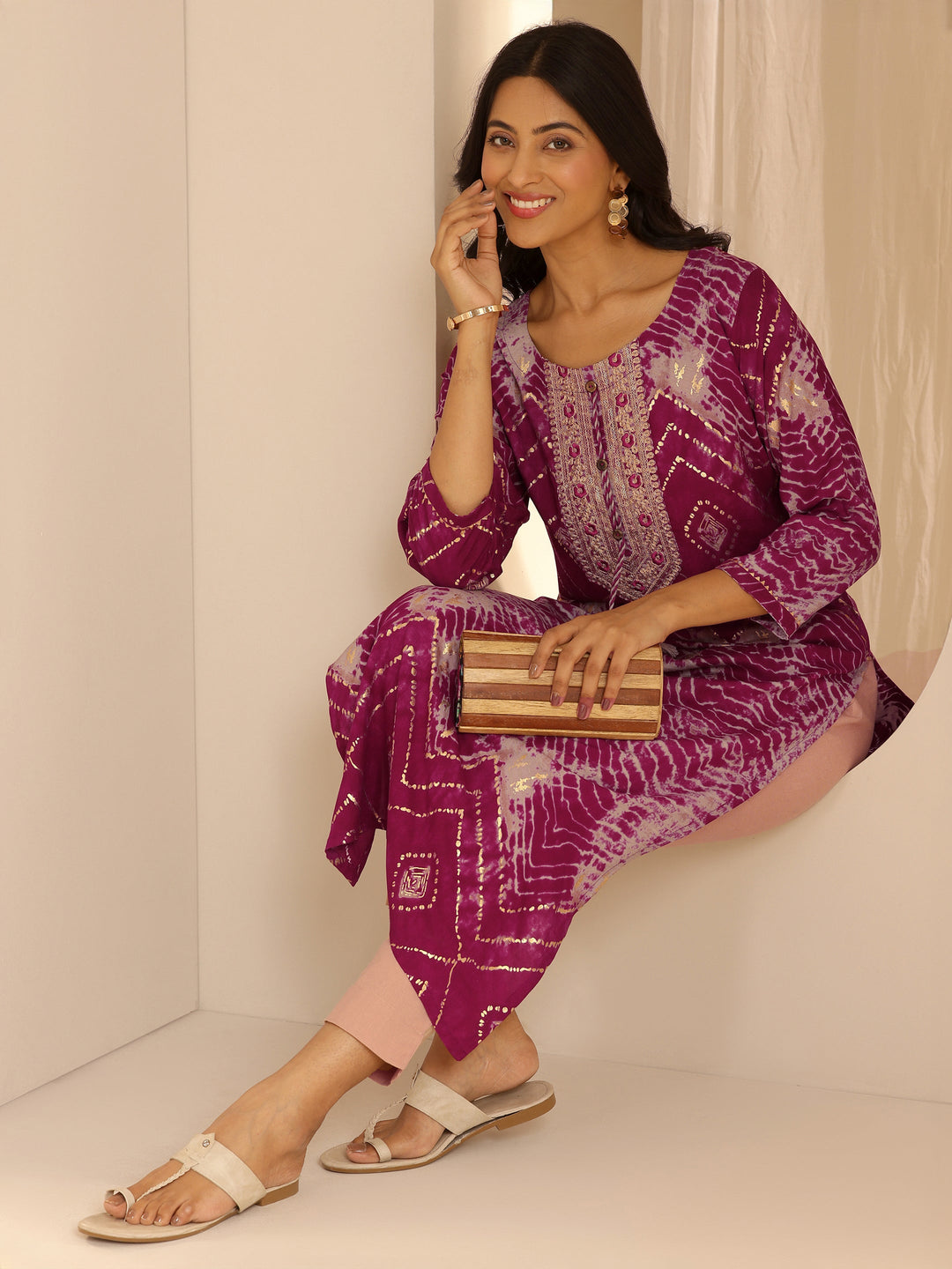  Pink Printed Rayon Straight Kurta 