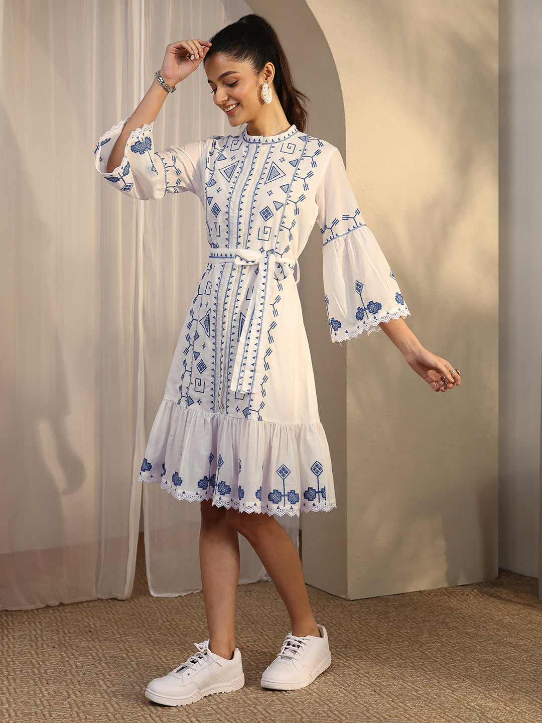 Buy White Printed Cotton A-Line One Piece Dress Online at Rs.2499 | Libas Buy White Printed Cotton A-Line One Piece Dress Online at Rs.2499 | Libas