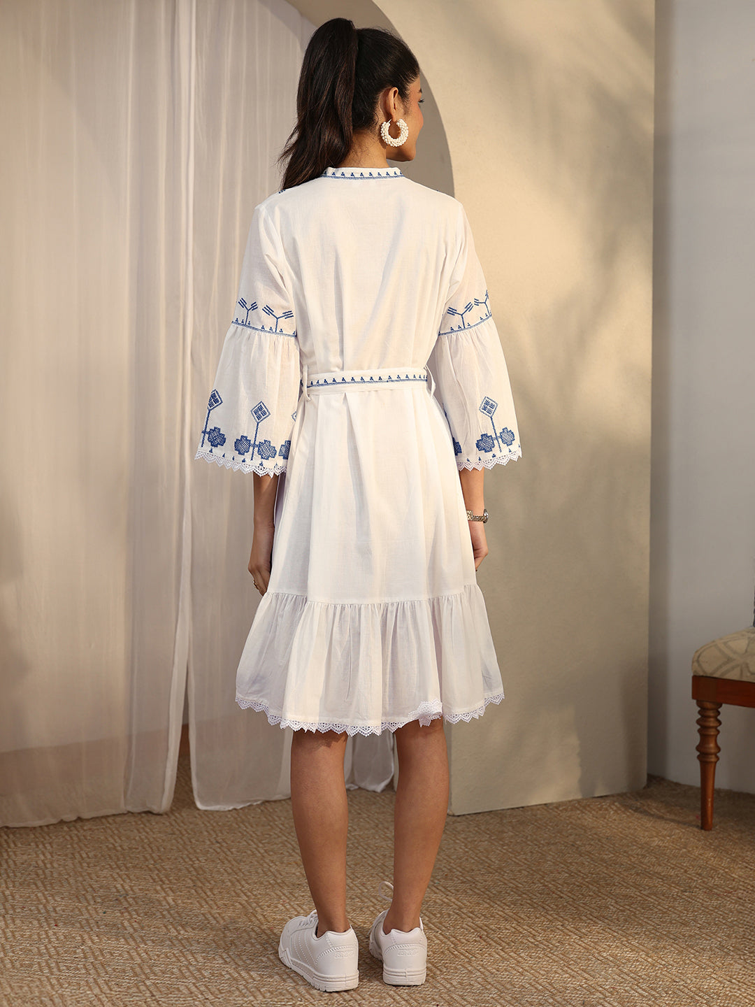  White Printed Cotton A-Line One Piece Dress 