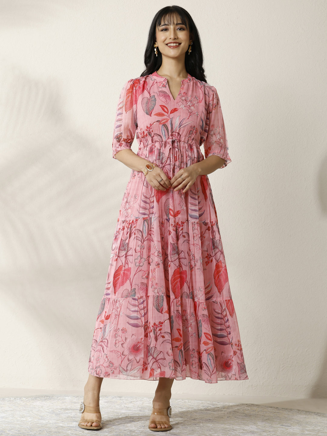  Pink Printed Cotton Tired Fit and Flare One Piece Dress 