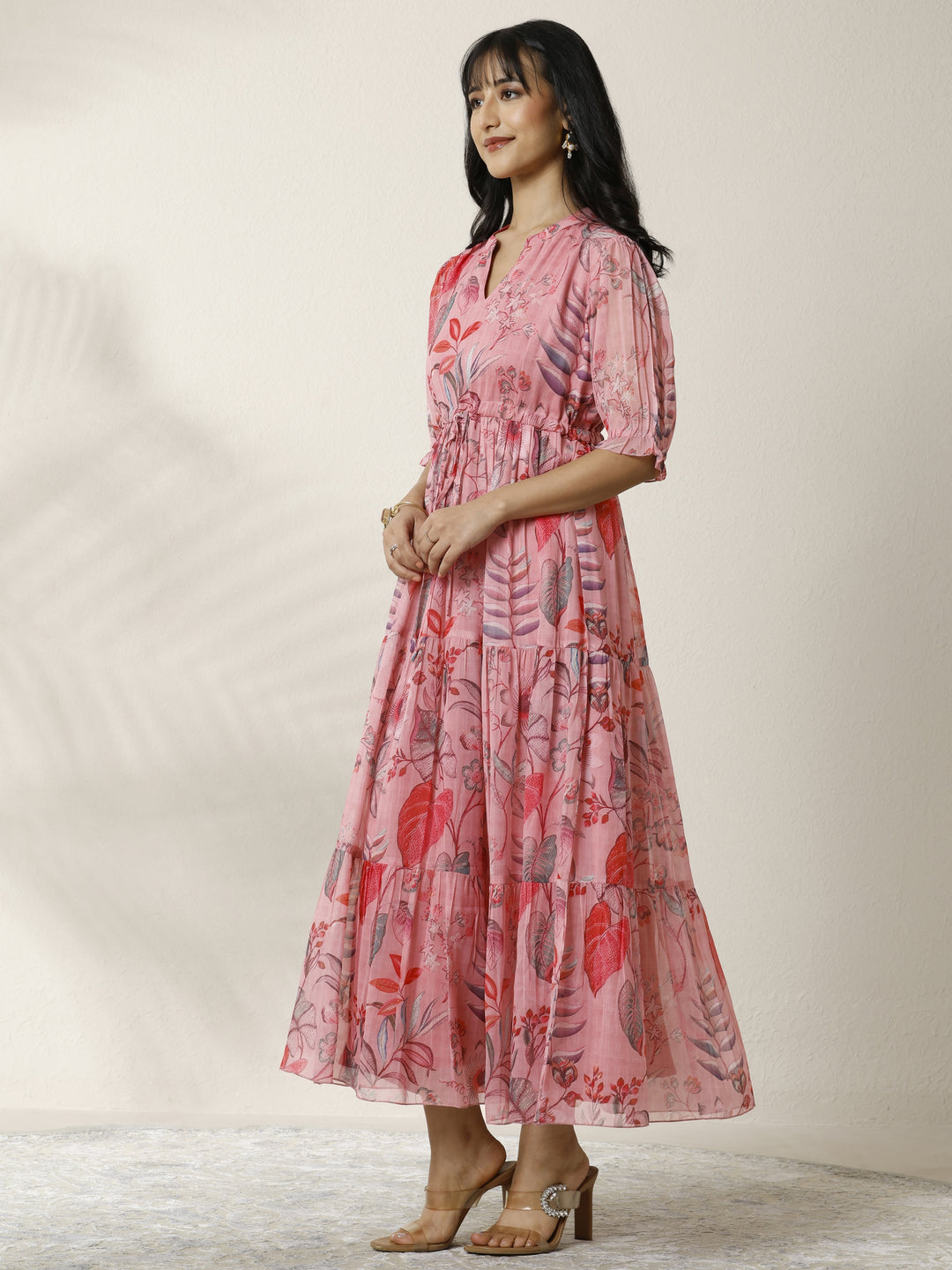  Pink Printed Cotton Tired Fit and Flare One Piece Dress 