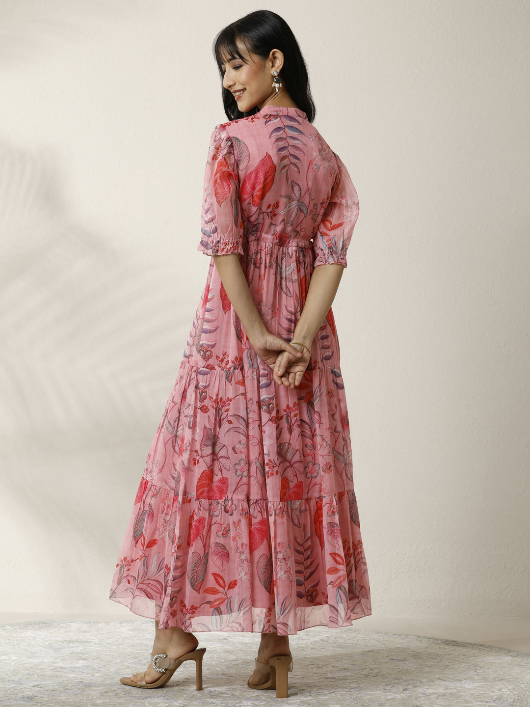  Pink Printed Cotton Tired Fit and Flare One Piece Dress 