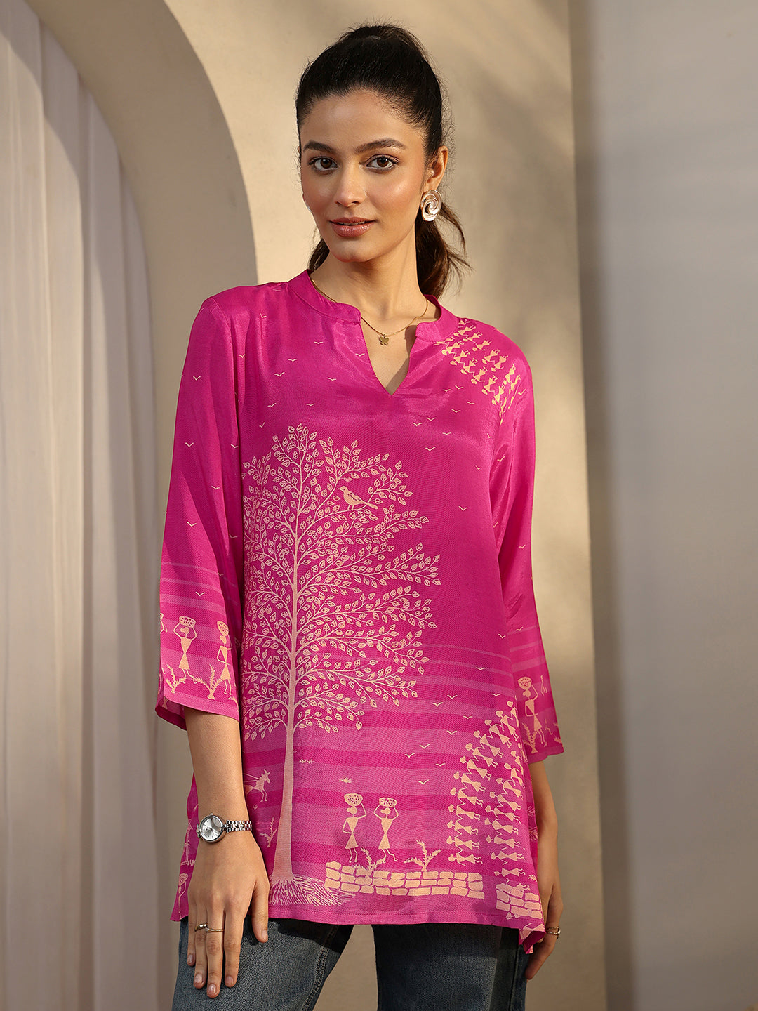 Pink Humanoid Printed Muslin Straight Short Kurti
