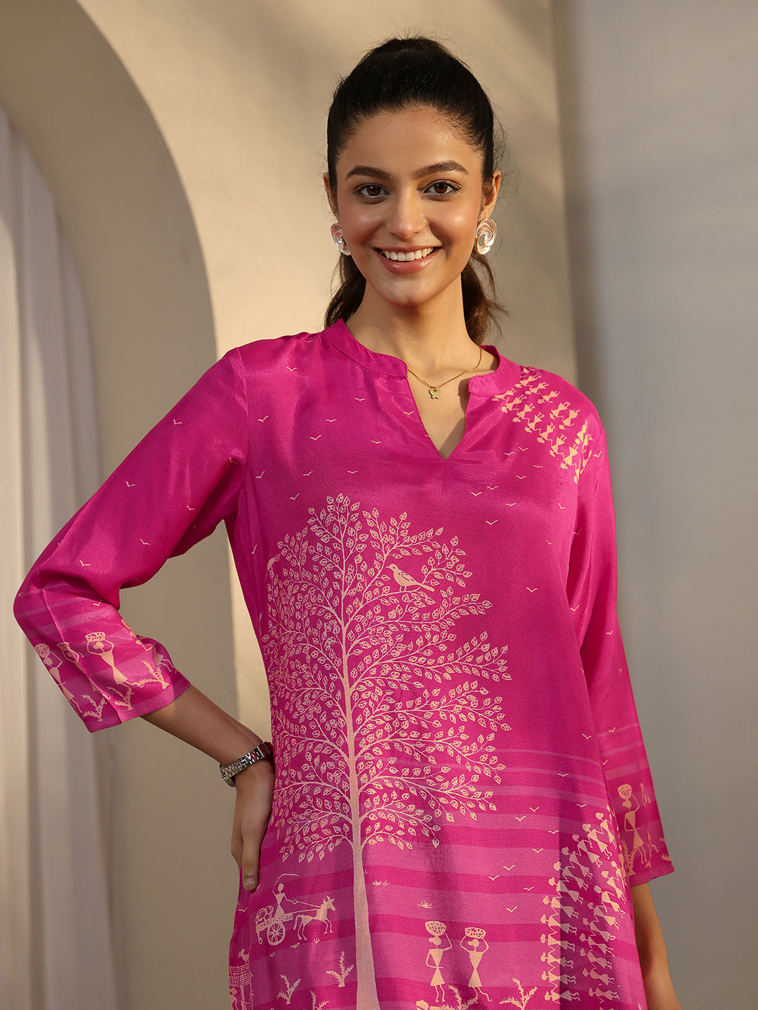  Pink Humanoid Printed Muslin Straight Short Kurti 