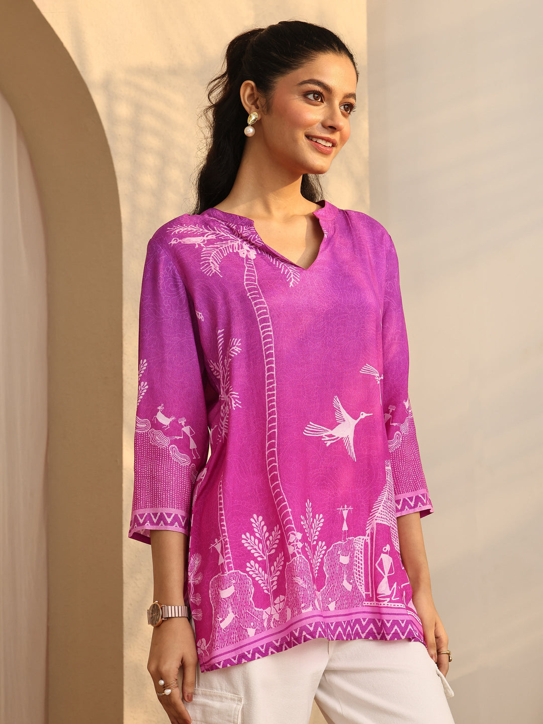  Pink Humanoid Printed Muslin Straight Short Kurti 