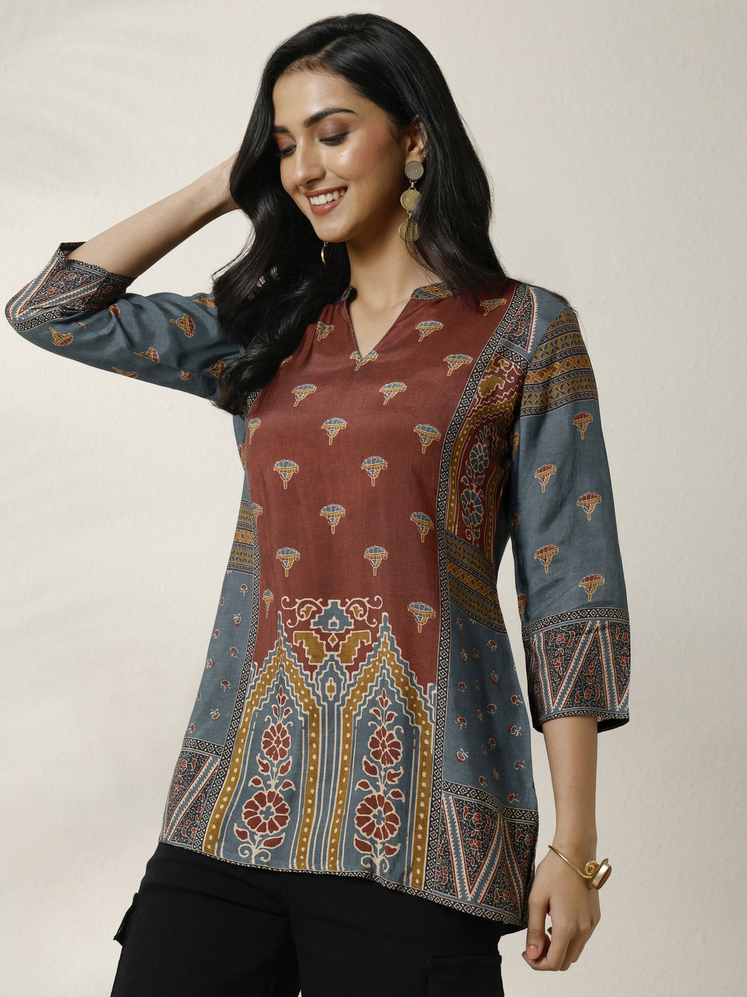  Maroon Block Printed Muslin Straight Short Kurti 