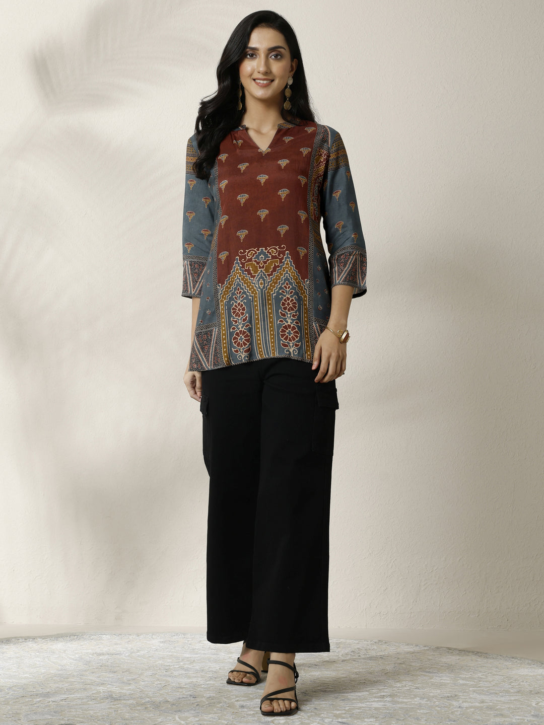  Maroon Block Printed Muslin Straight Short Kurti 